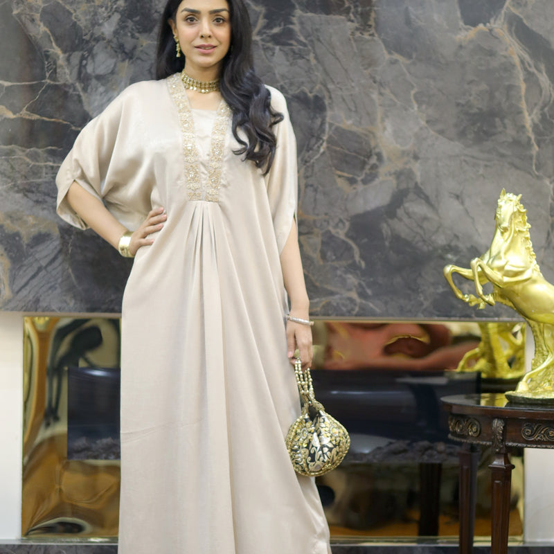 Cream Silk Kaftan with Gold Embellishment