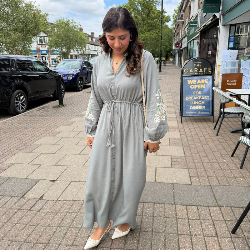 Olive Grey Embroidered Dress