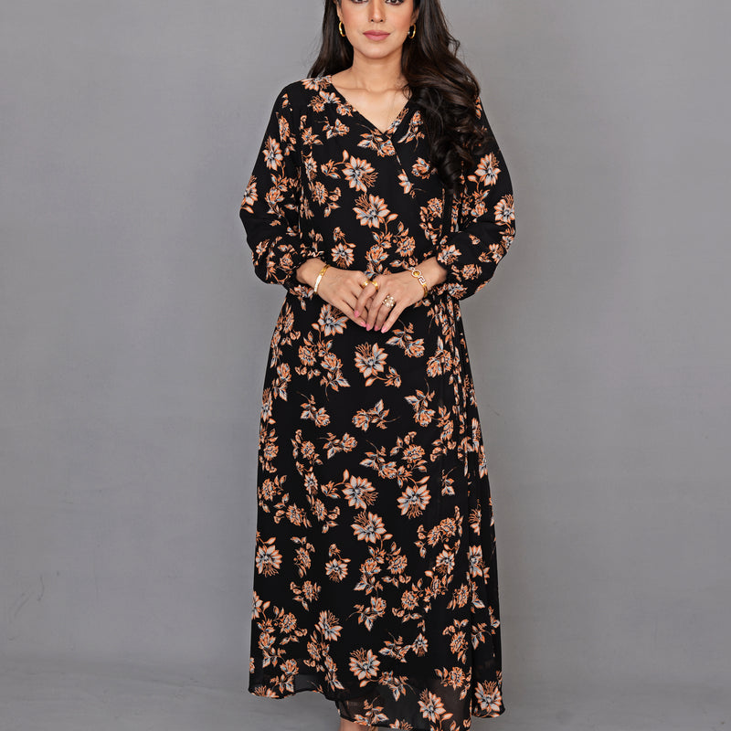 Black Floral Wrap Around Maxi Dress