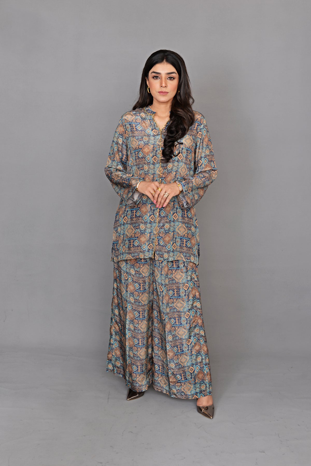 Blue Damask Print Silk Coord