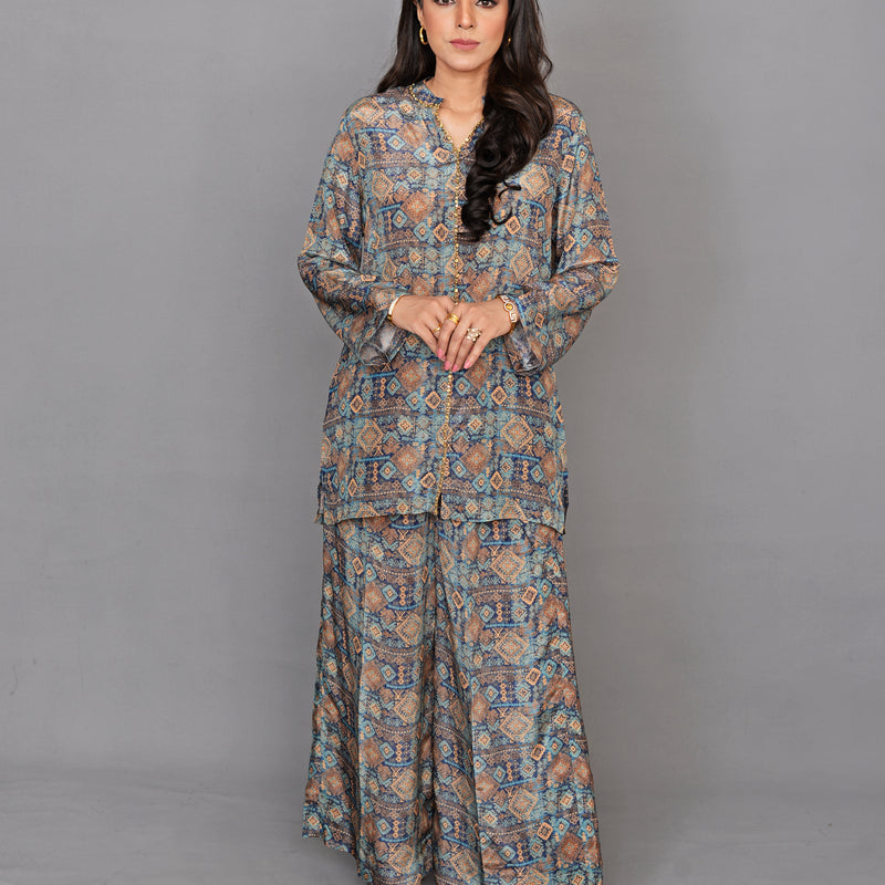 Blue Damask Print Silk Coord