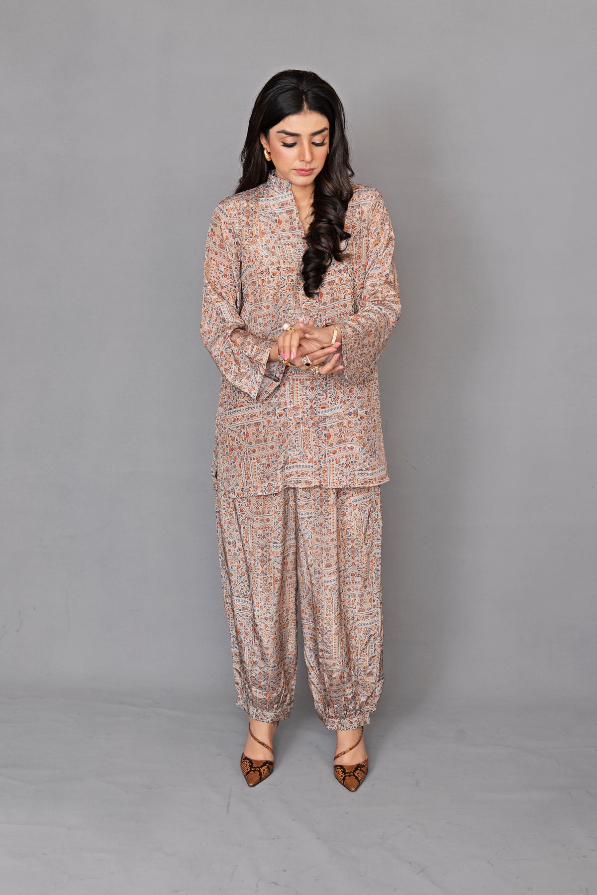 Rust Ethnic Geometric Silk Coord Set