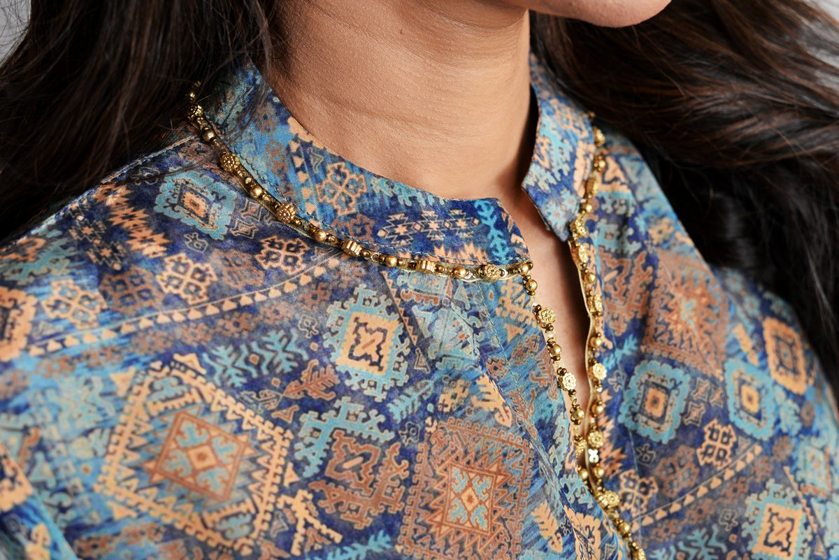 Blue Damask Print Silk Coord