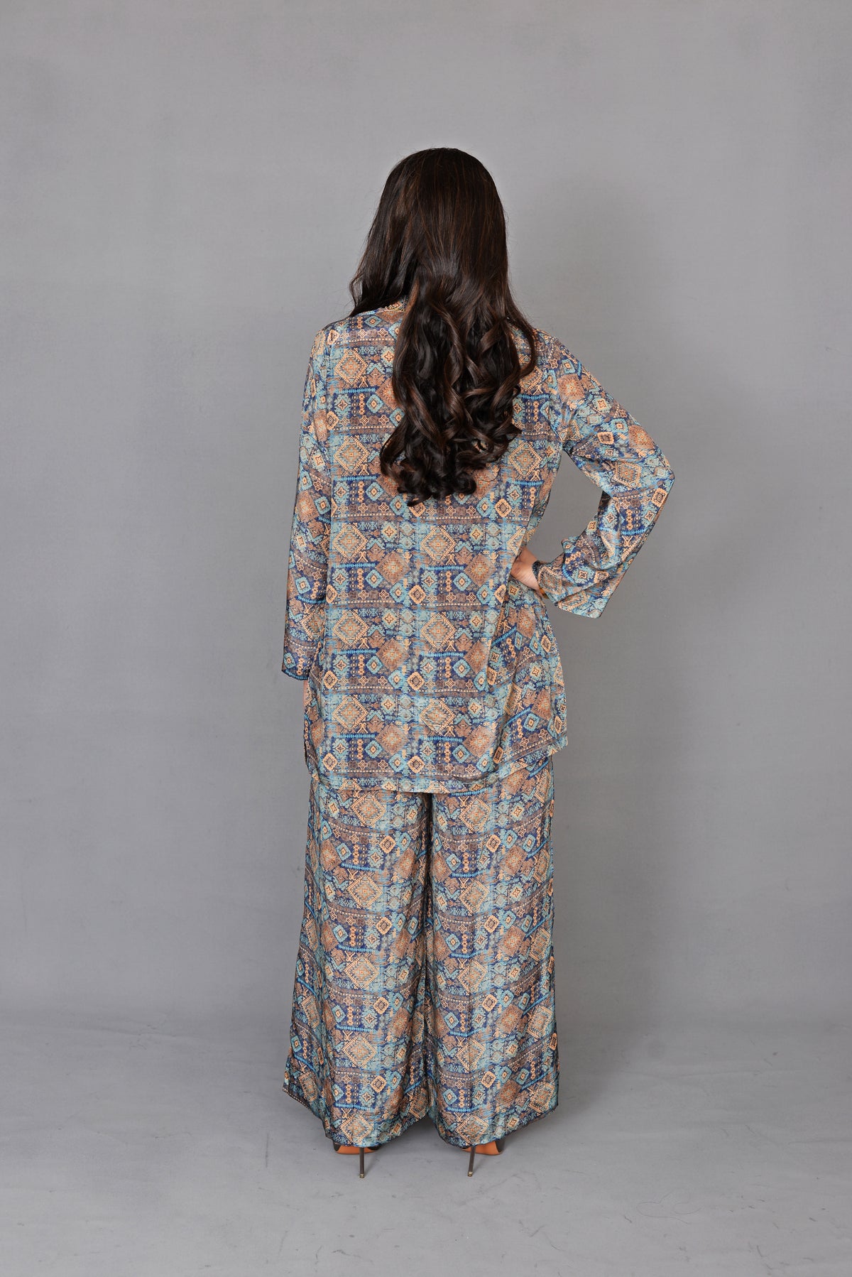 Blue Damask Print Silk Coord
