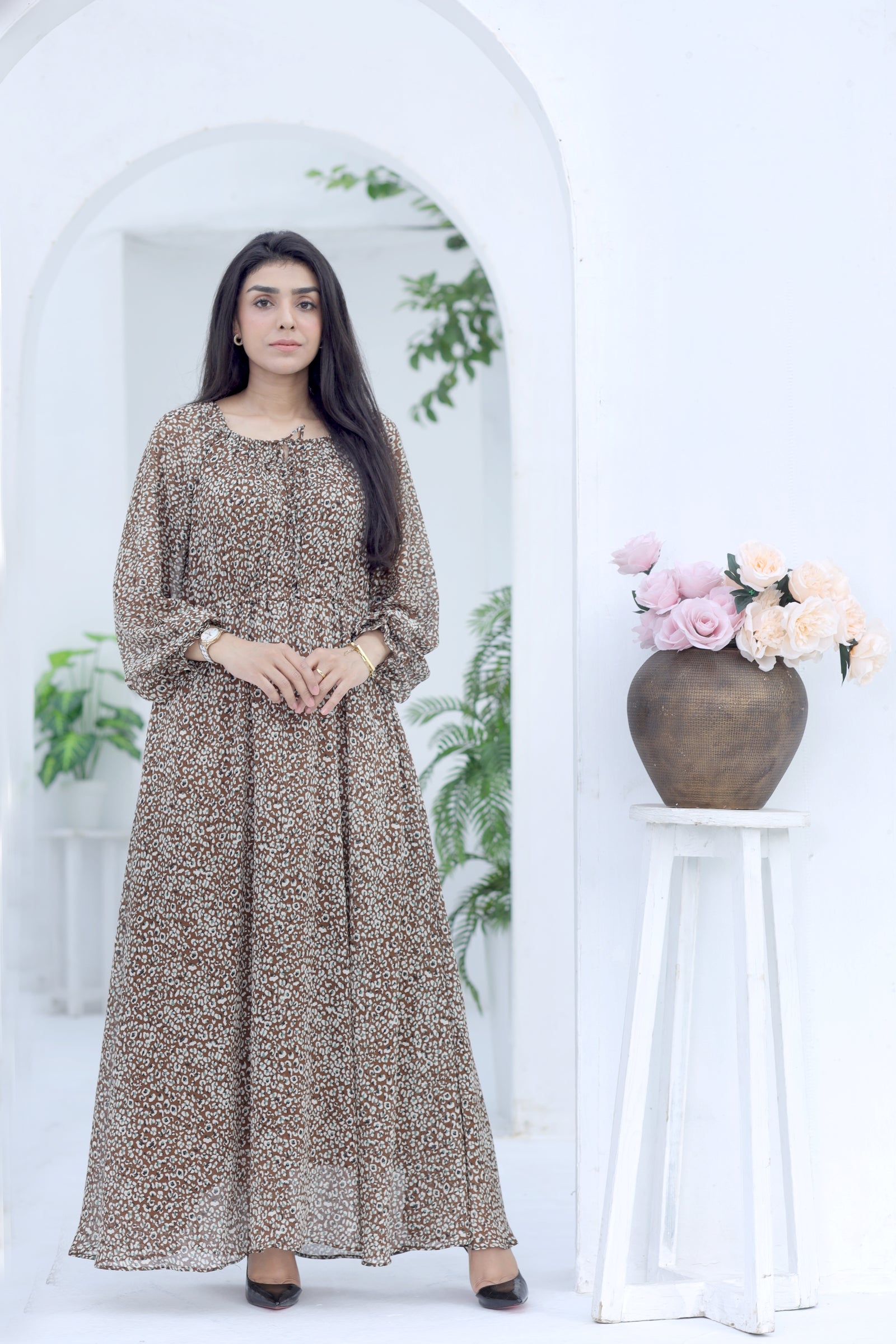 Brown Printed Chiffon Dress