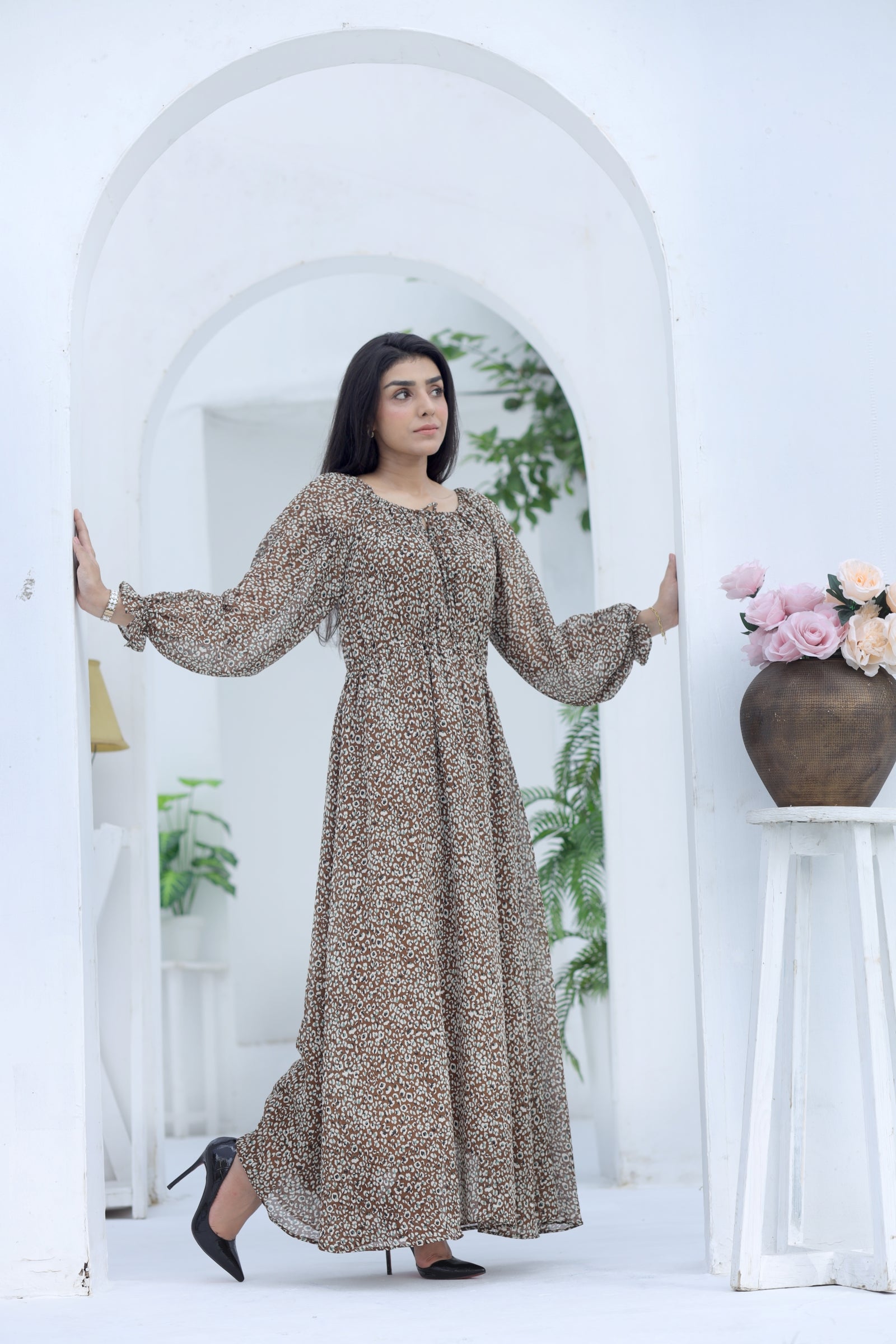 Brown Printed Chiffon Dress