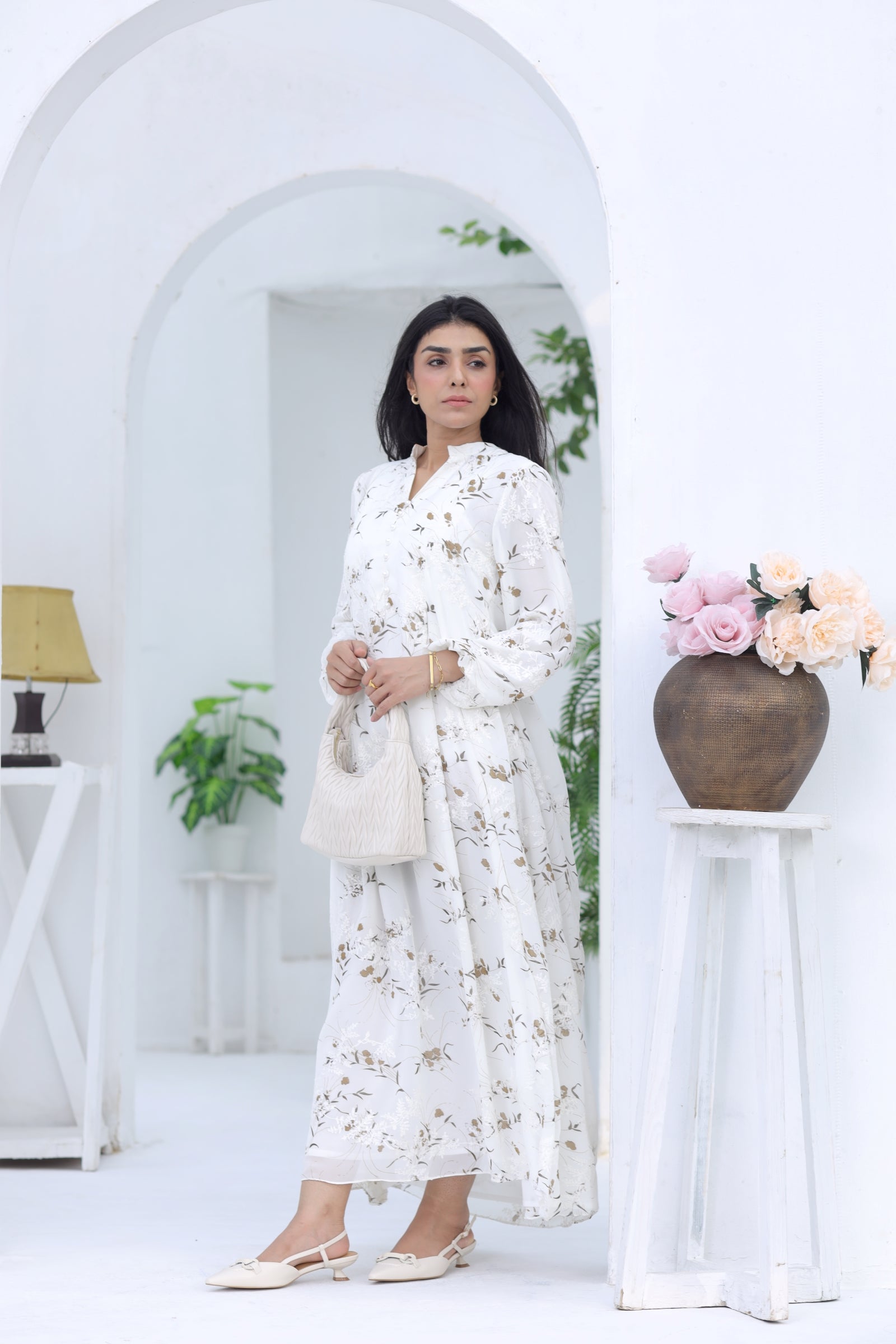 White Chiffon Embroidered Maxi Dress