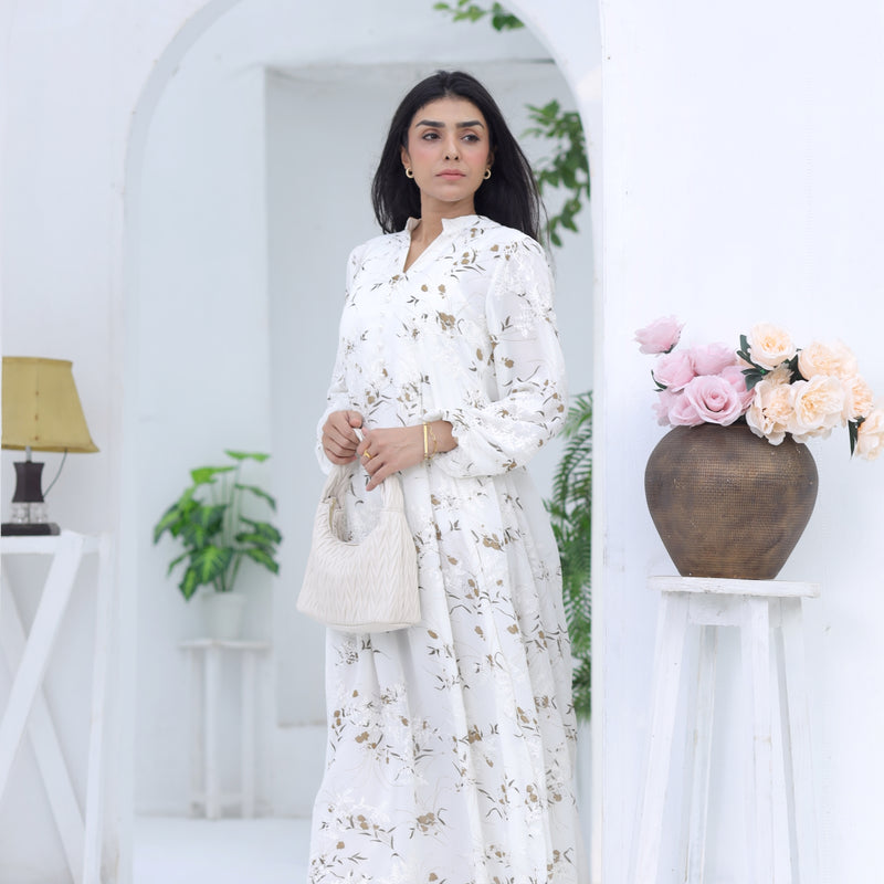 White Chiffon Embroidered Maxi Dress