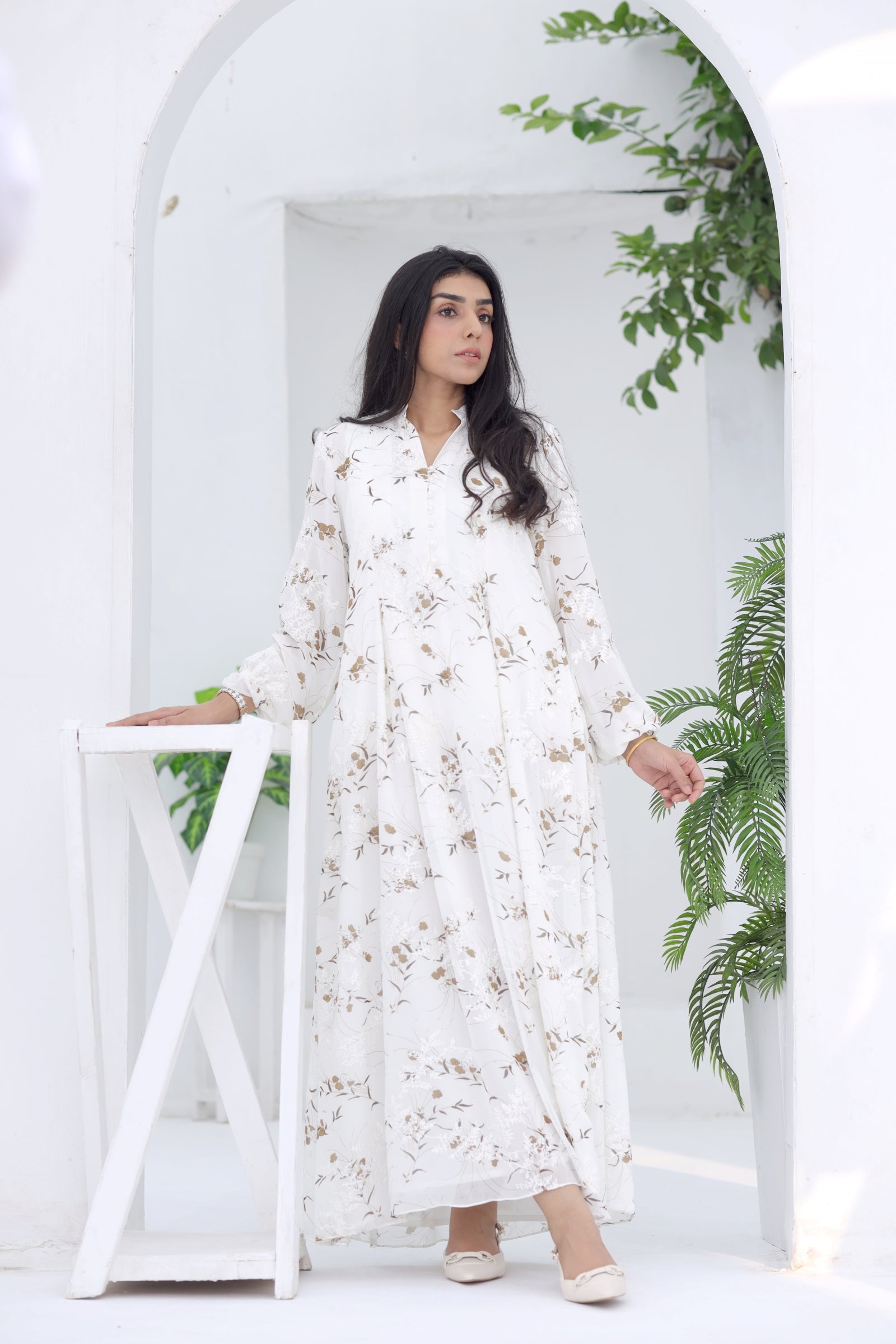 White Chiffon Embroidered Maxi Dress