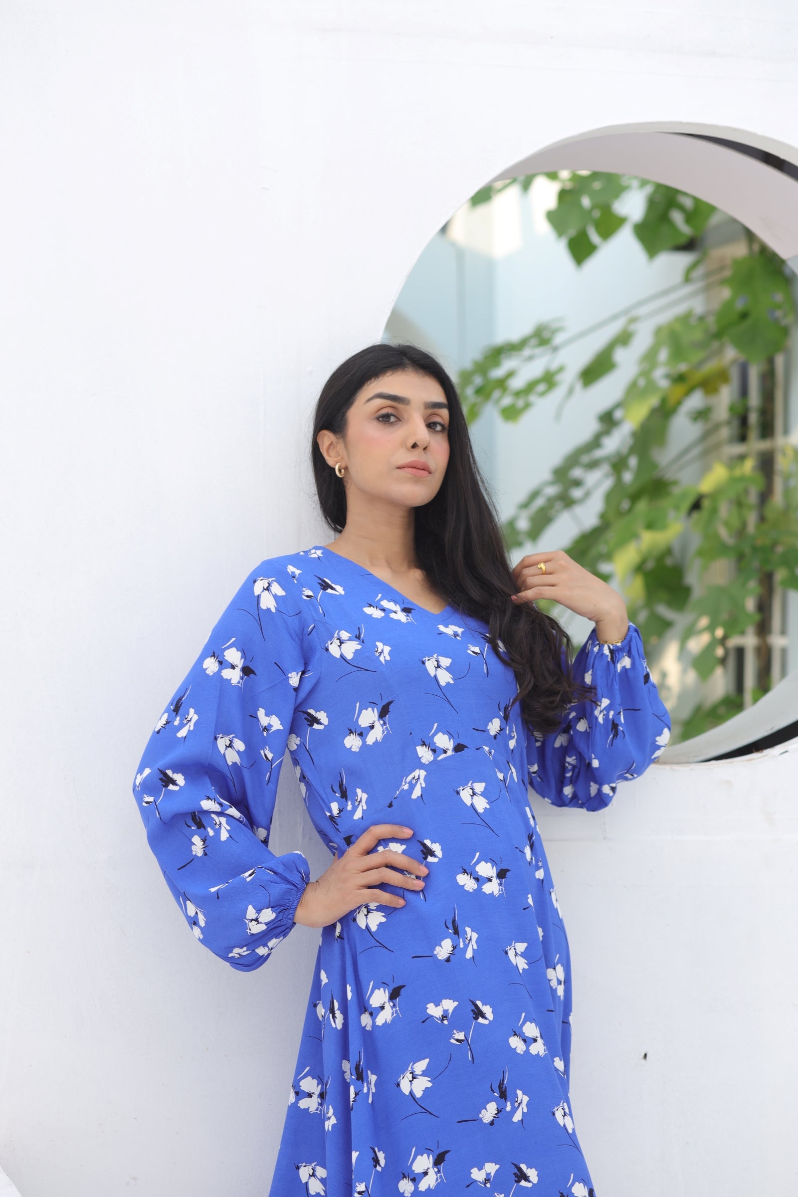 Blue Printed Chiffon Maxi Dress