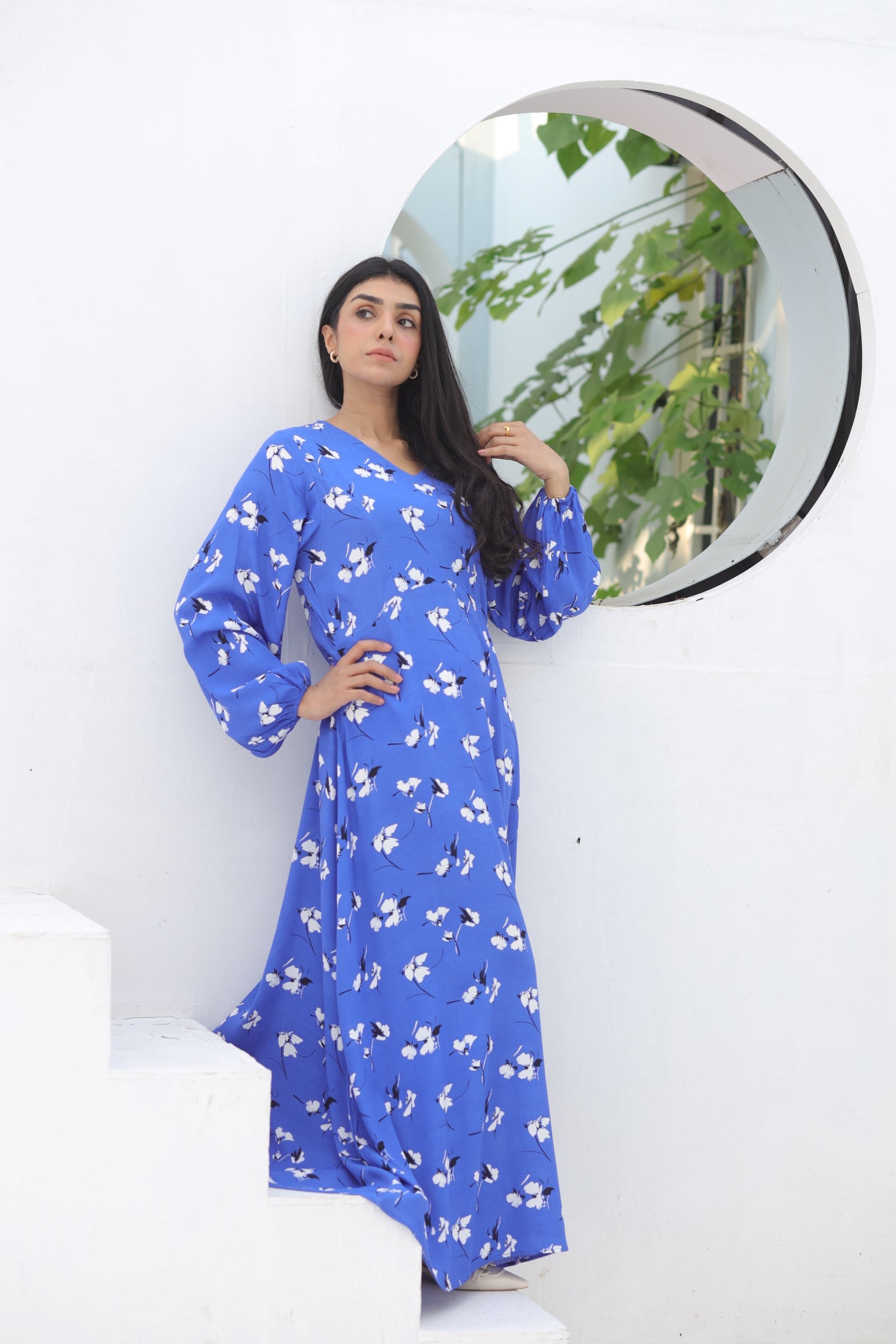 Blue Printed Chiffon Maxi Dress