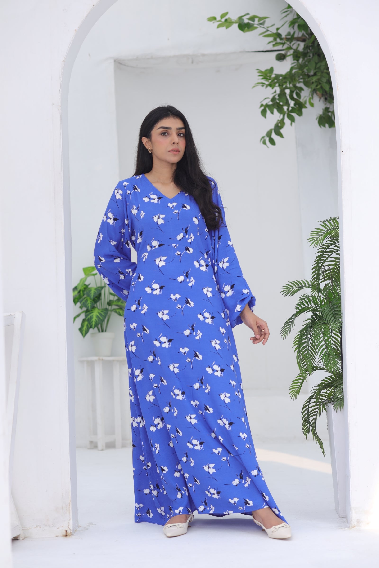 Blue Printed Chiffon Maxi Dress