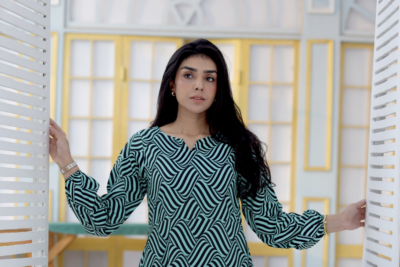 Green and Black Geometric Print Maxi Dress