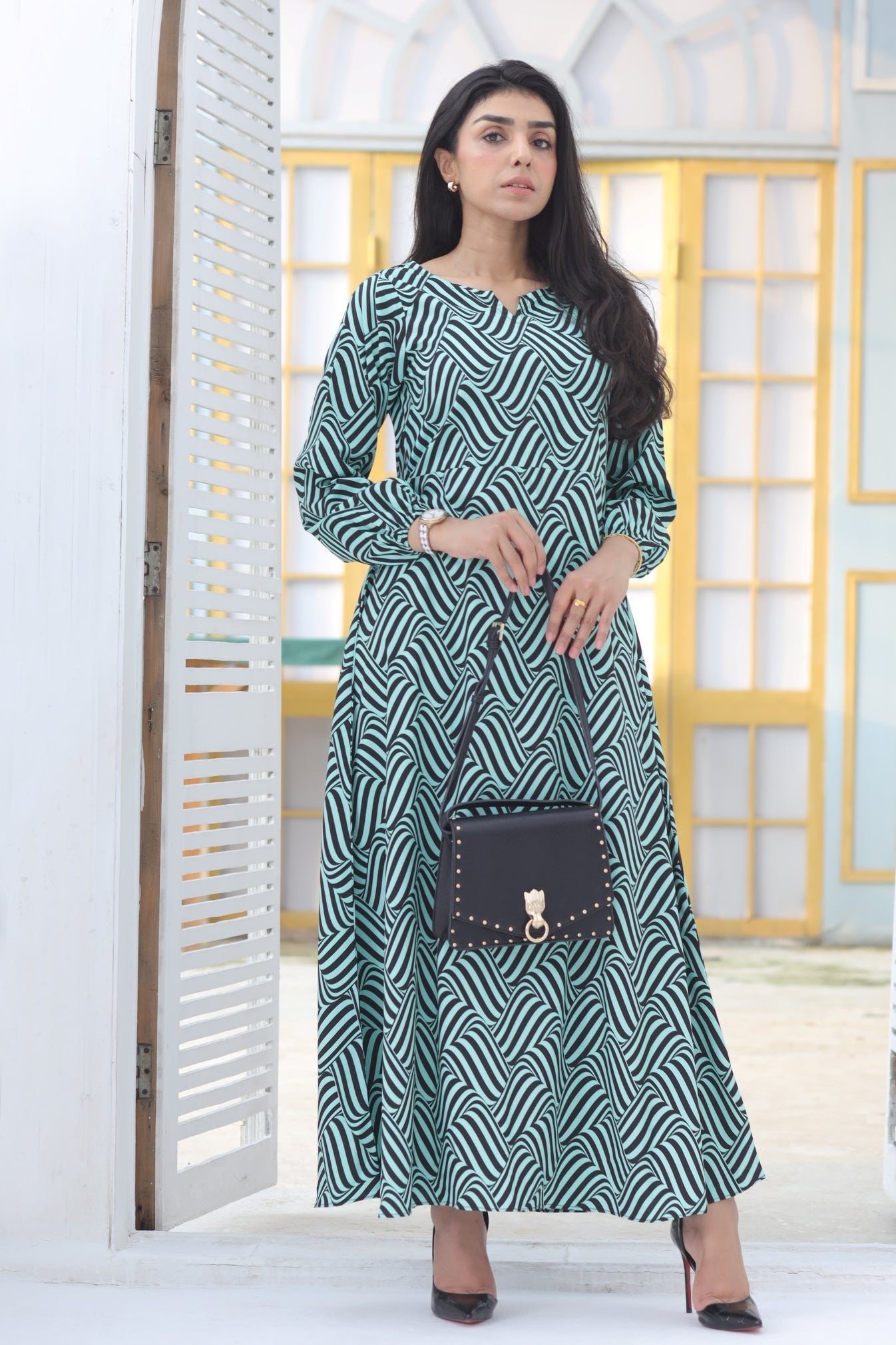 Green and Black Geometric Print Maxi Dress