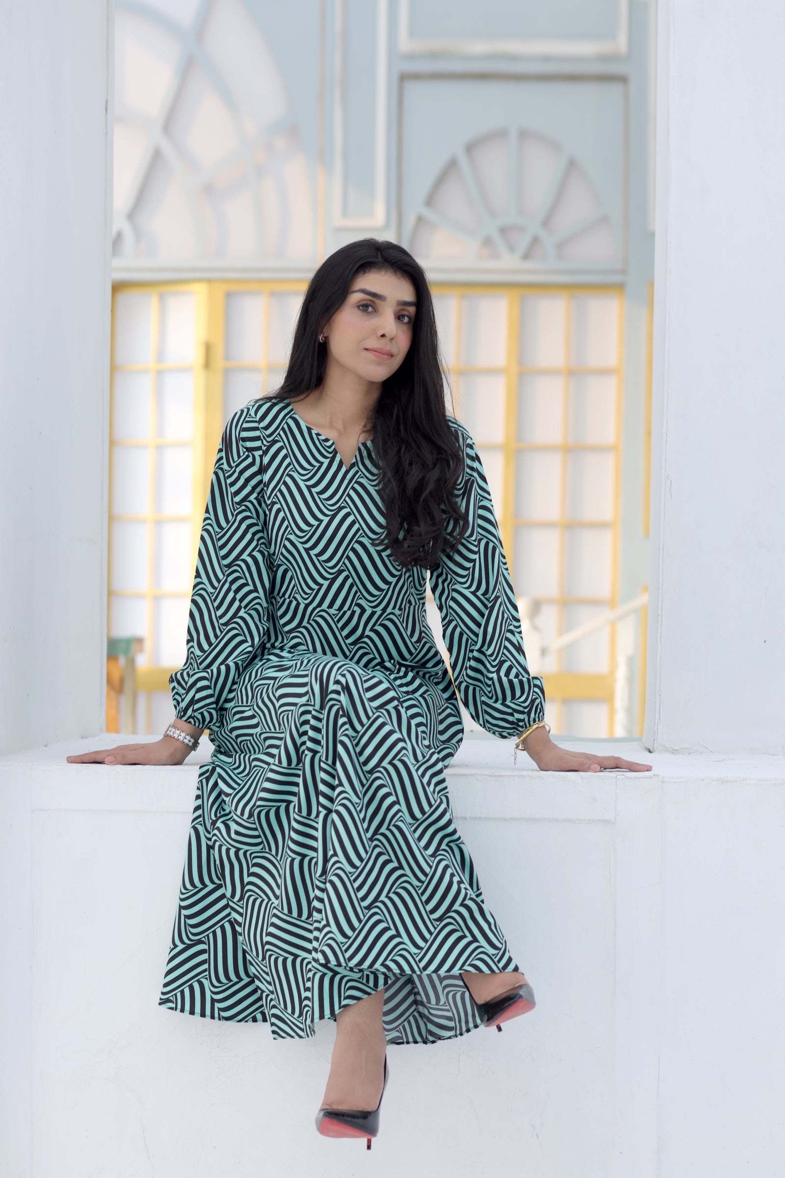 Green and Black Geometric Print Maxi Dress