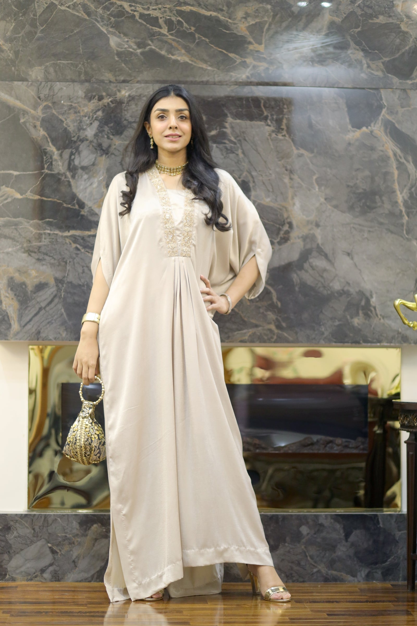 Cream Silk Kaftan with Gold Embellishment