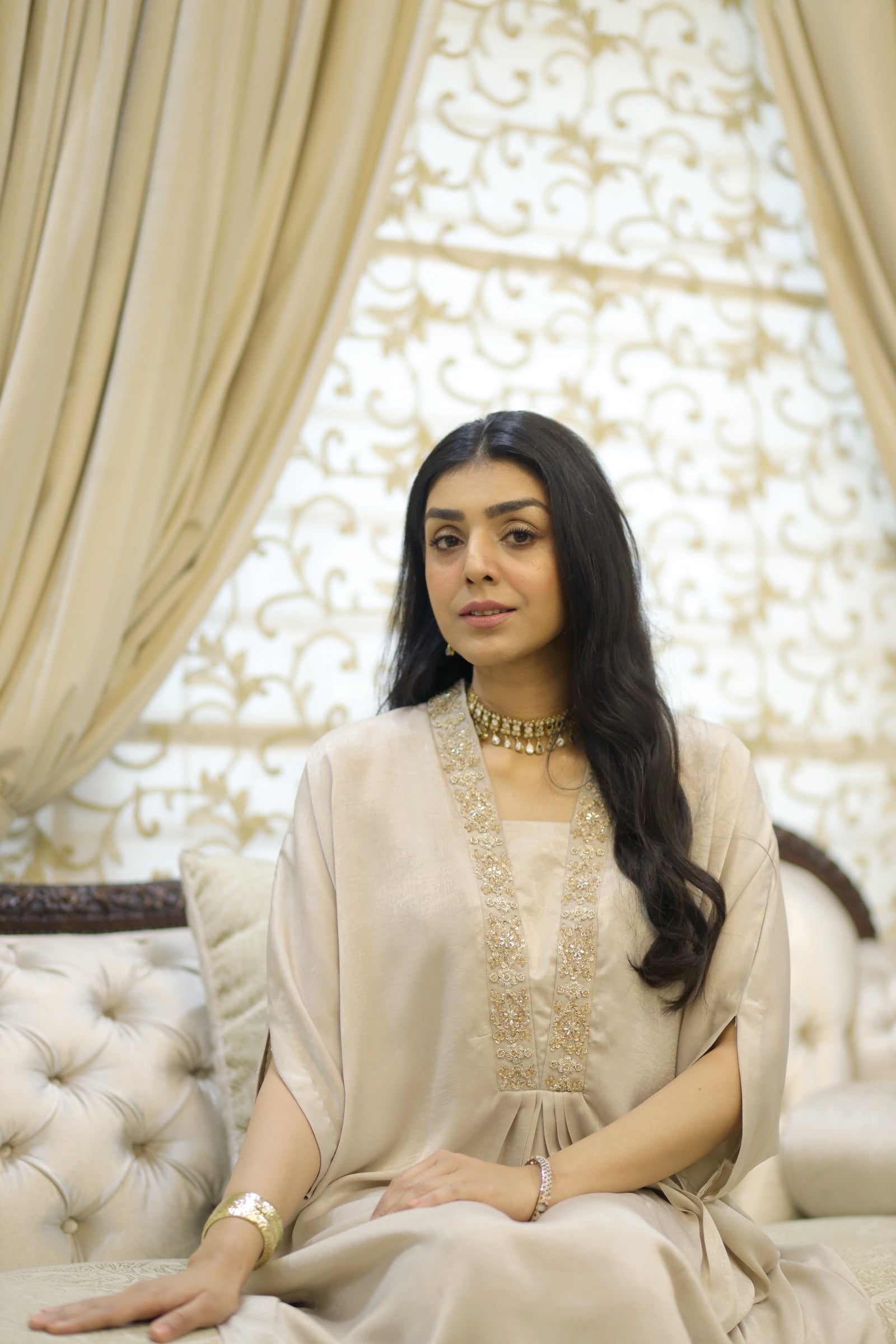 Cream Silk Kaftan with Gold Embellishment