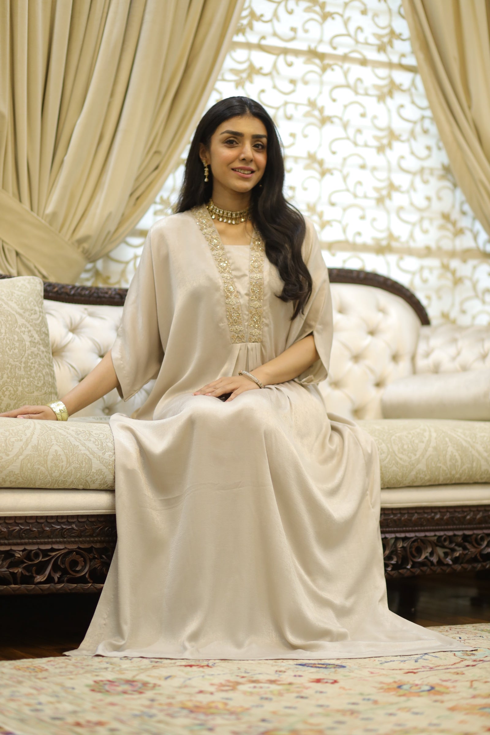 Cream Silk Kaftan with Gold Embellishment