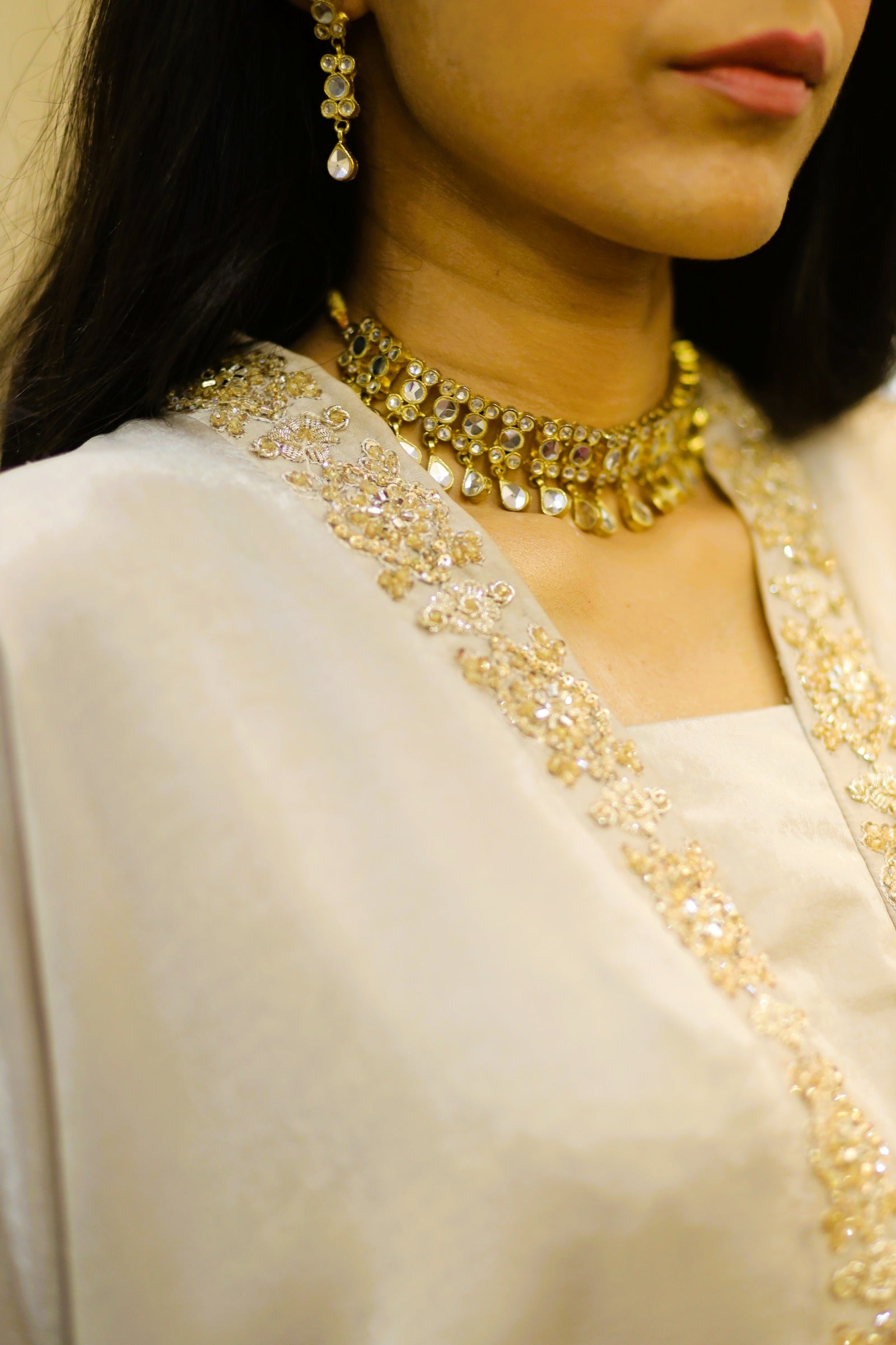 Cream Silk Kaftan with Gold Embellishment