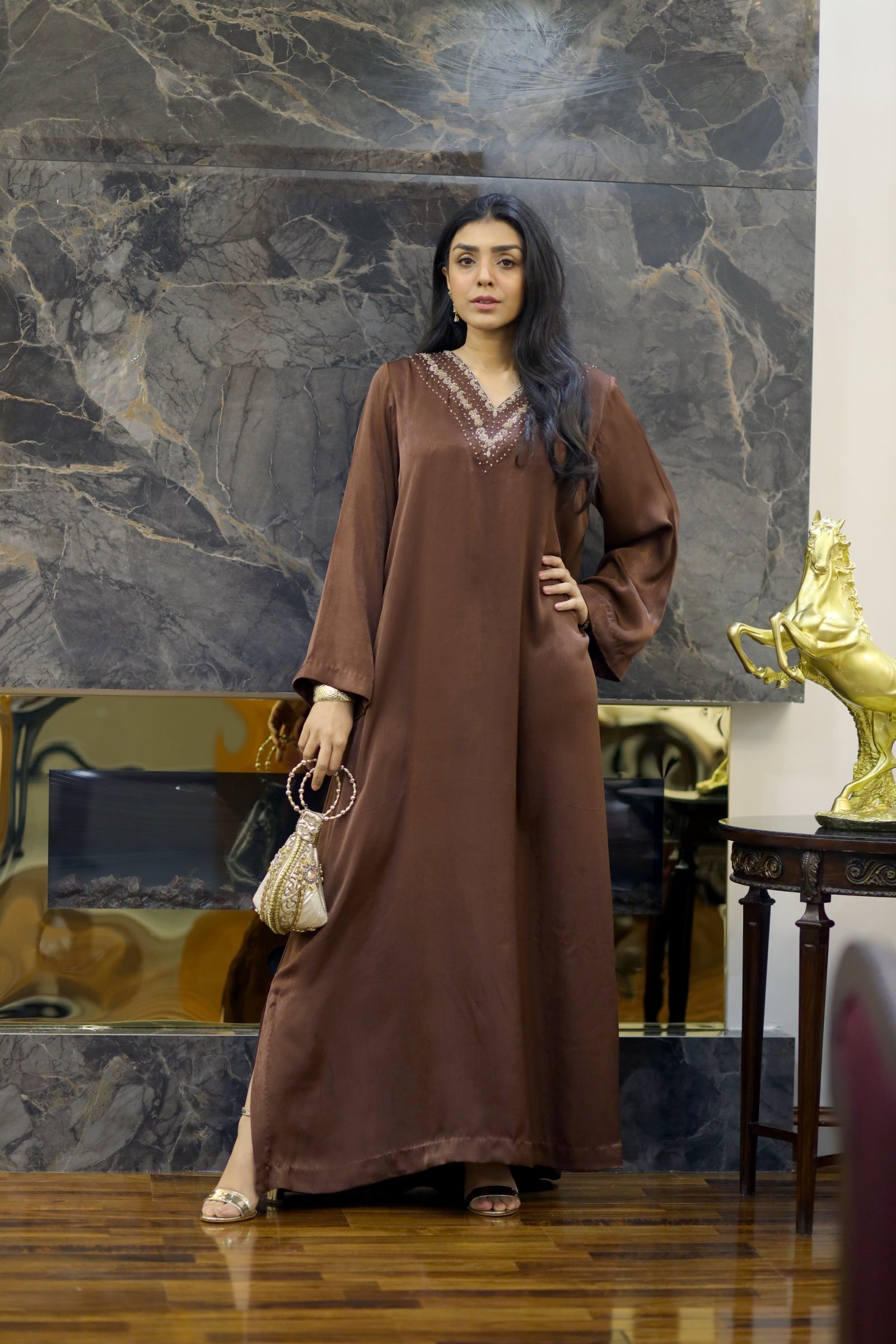 Brown Silk Kaftan with Gold Embellishment
