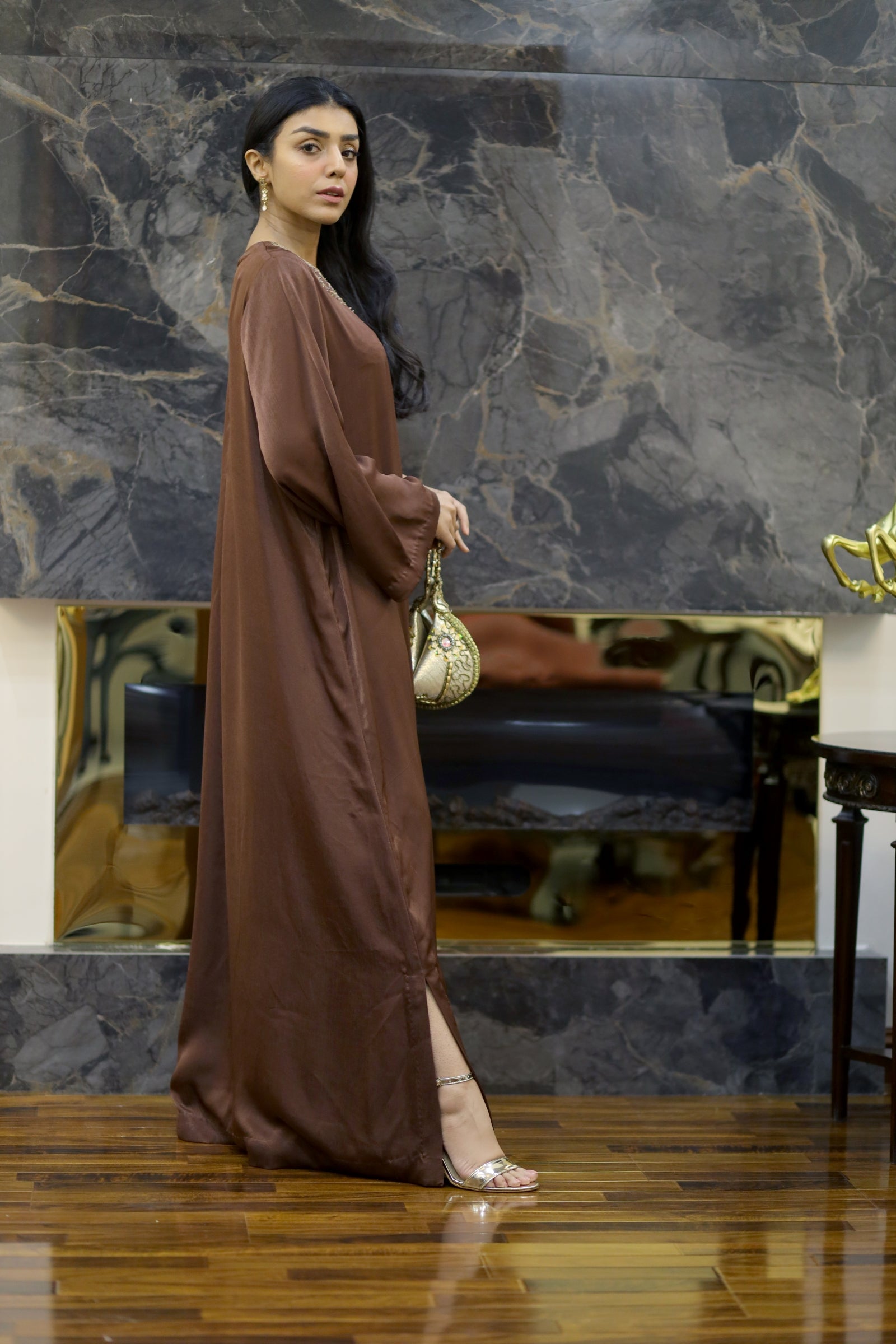 Brown Silk Kaftan with Gold Embellishment