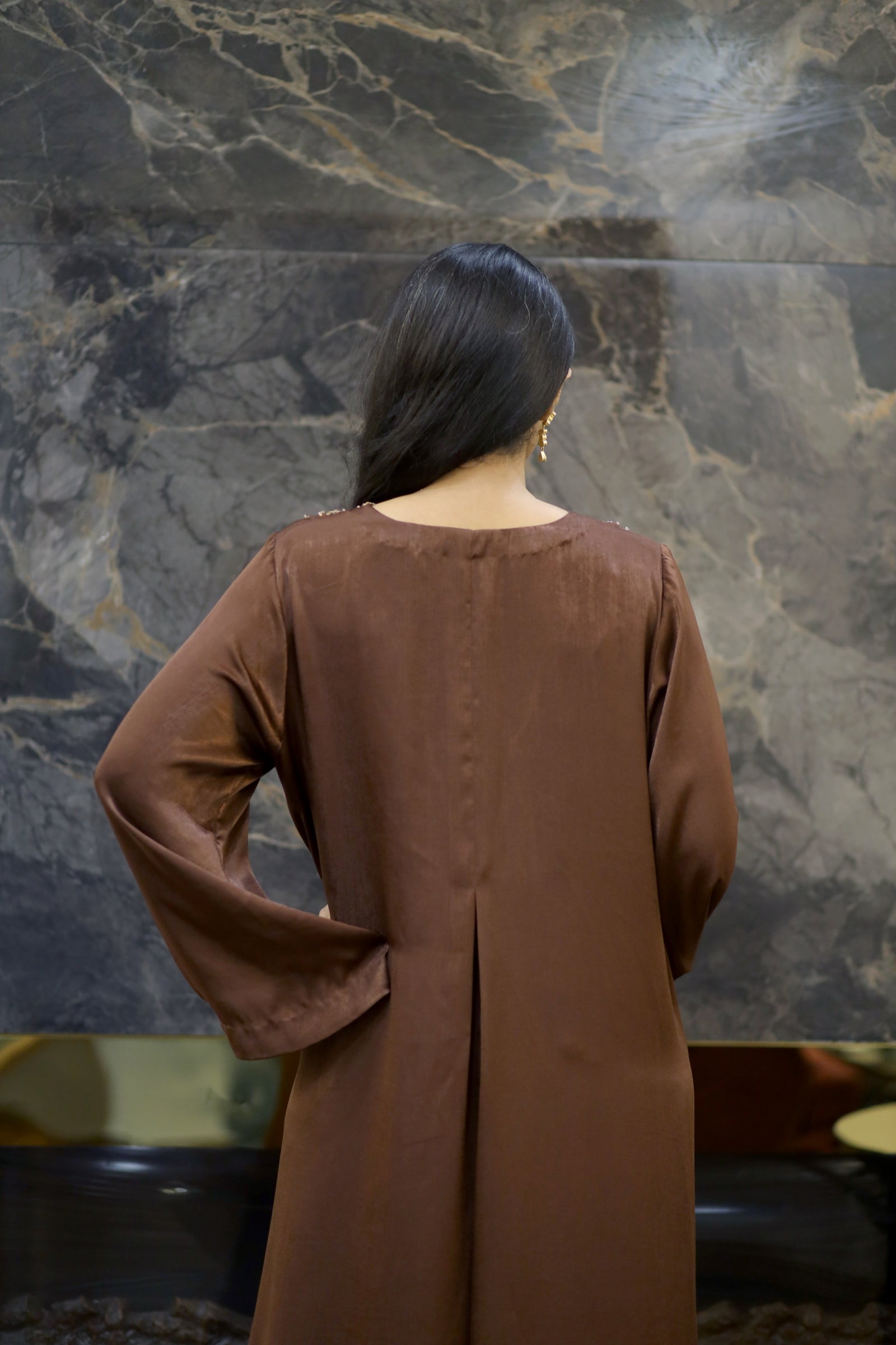 Brown Silk Kaftan with Gold Embellishment