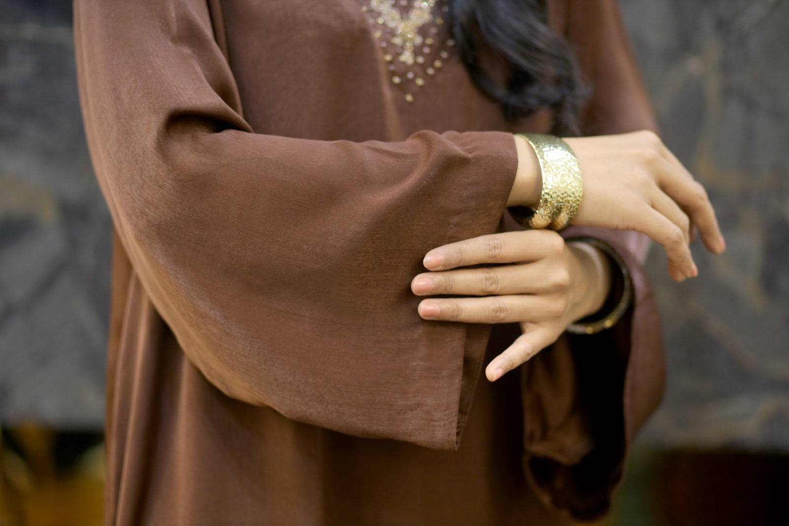 Brown Silk Kaftan with Gold Embellishment