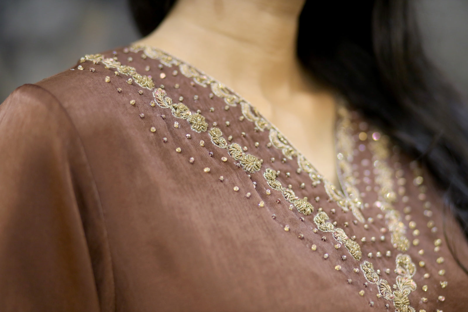 Brown Silk Kaftan with Gold Embellishment