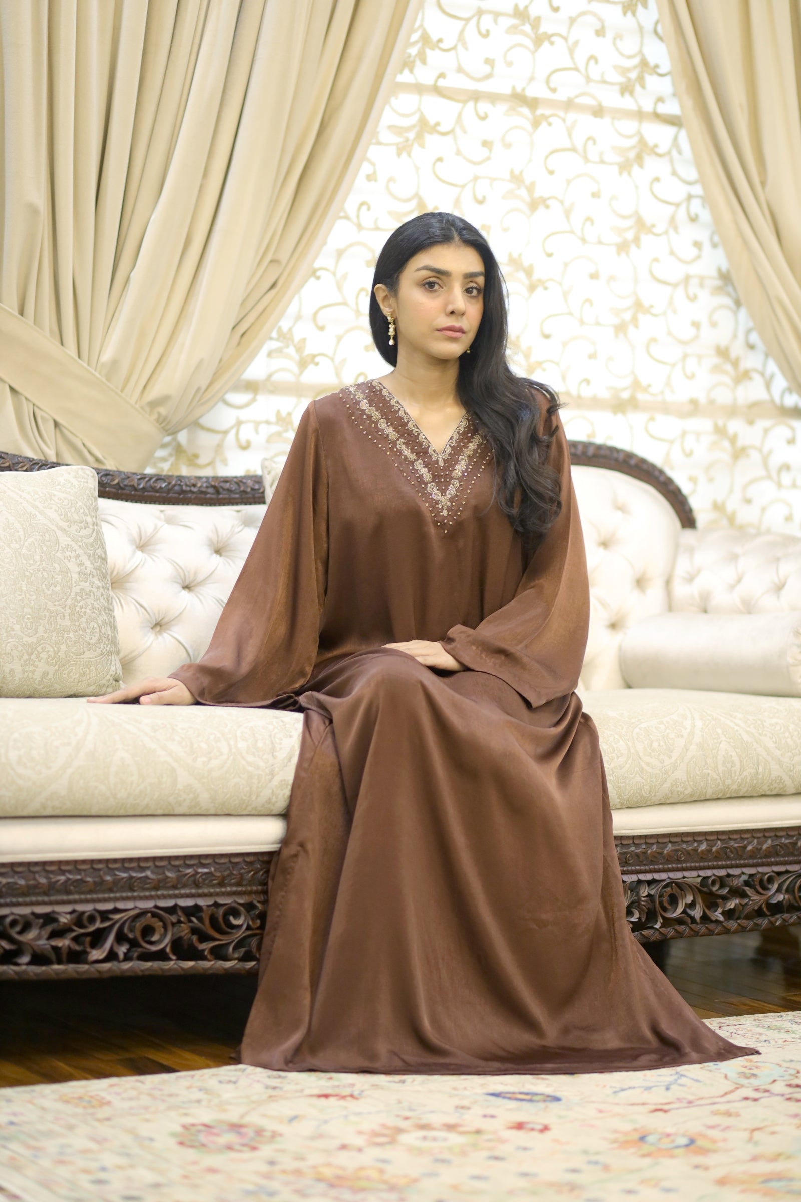 Brown Silk Kaftan with Gold Embellishment