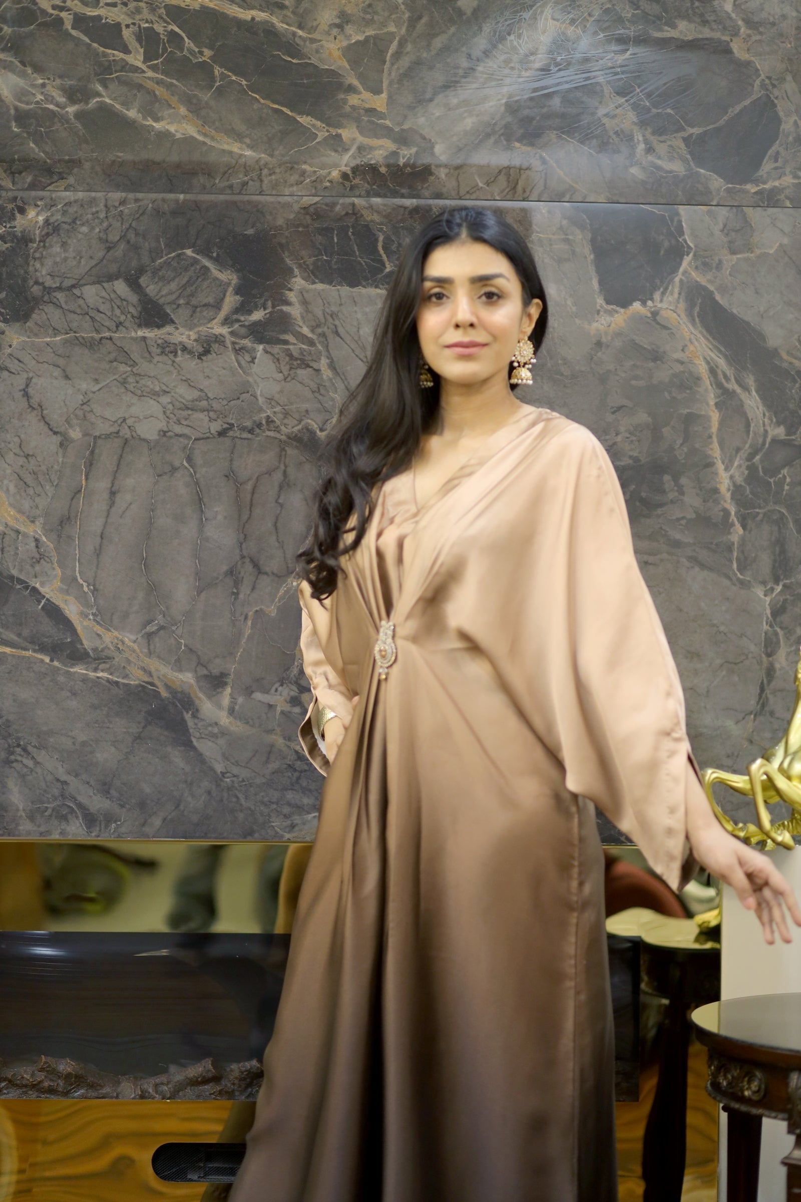 Caramel Double-Tone Silk Kaftan with Brooch