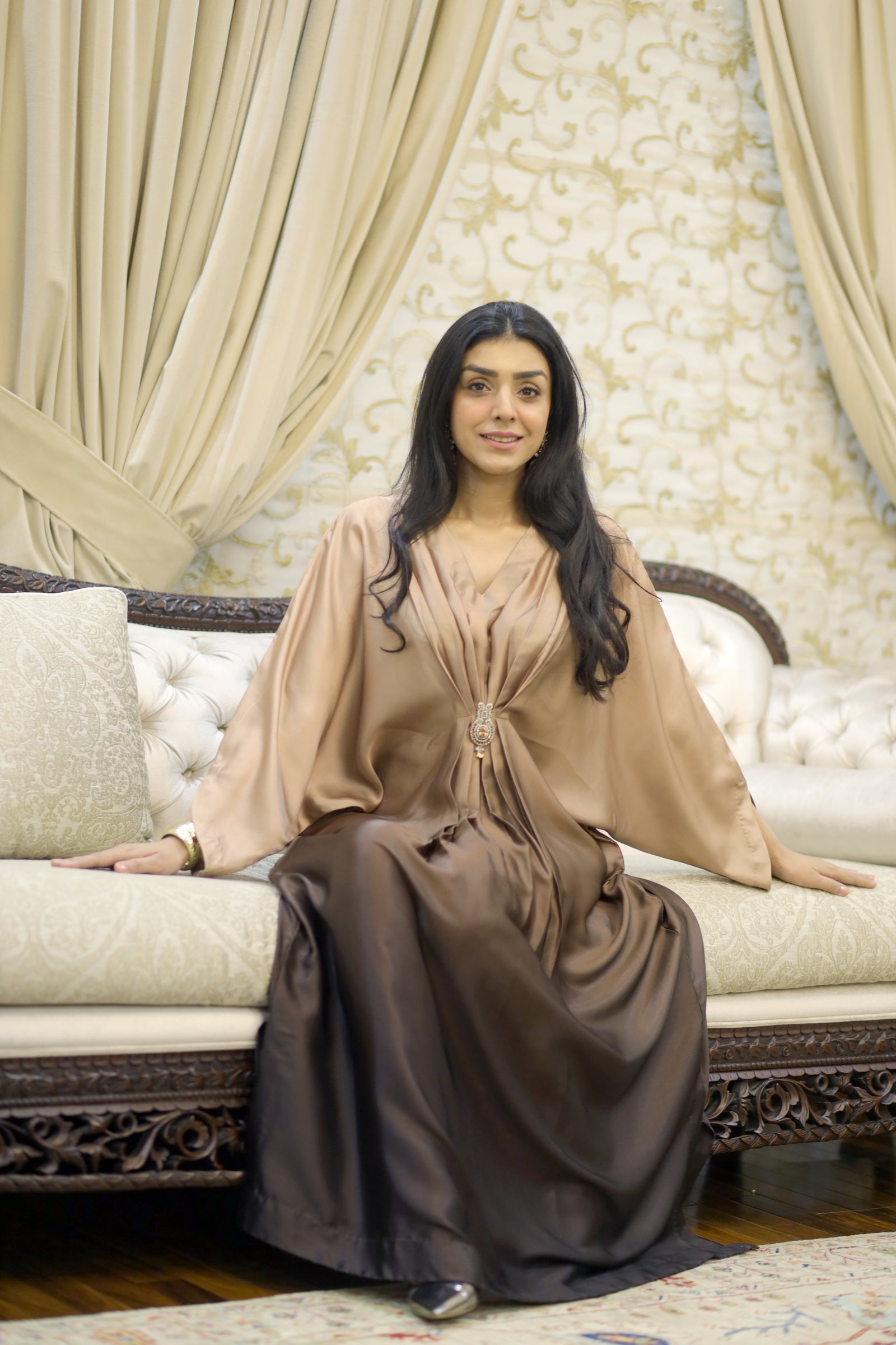 Caramel Double-Tone Silk Kaftan with Brooch