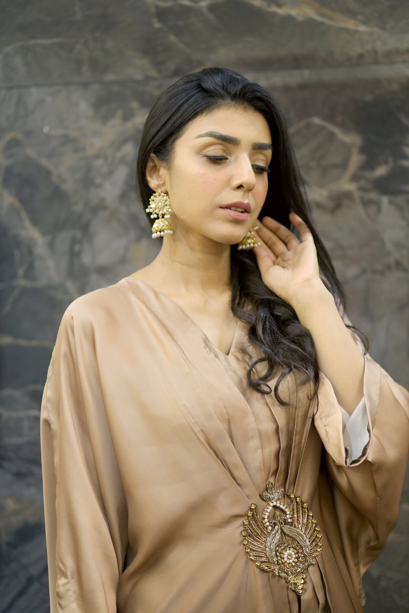 Caramel Double-Tone Silk Kaftan with Brooch