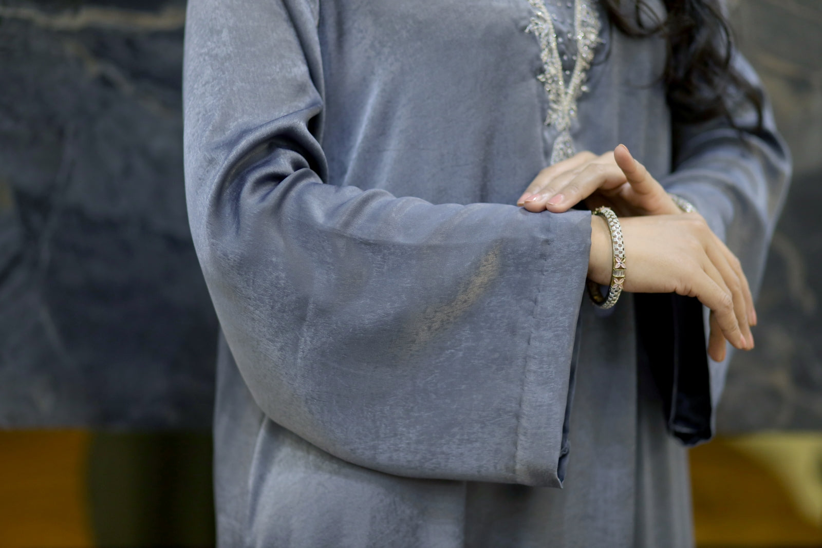 Grey Silk Kaftan with Silver Embellishment