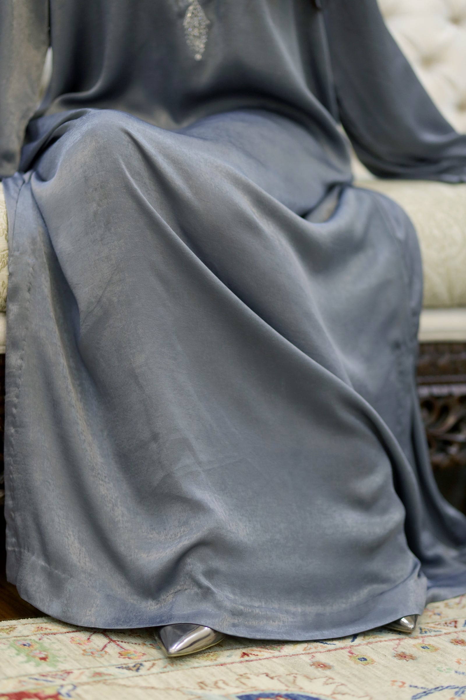 Grey Silk Kaftan with Silver Embellishment