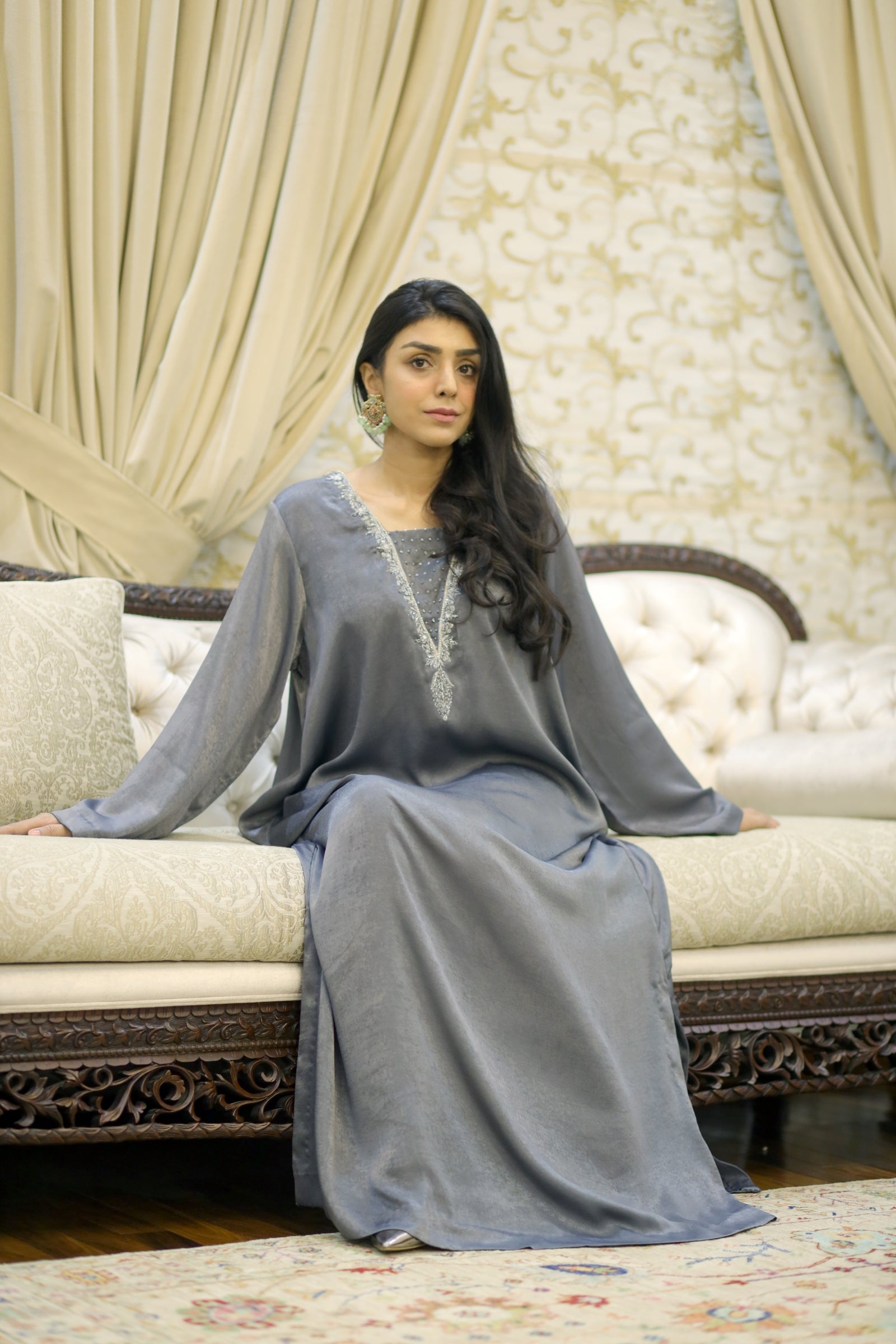 Grey Silk Kaftan with Silver Embellishment
