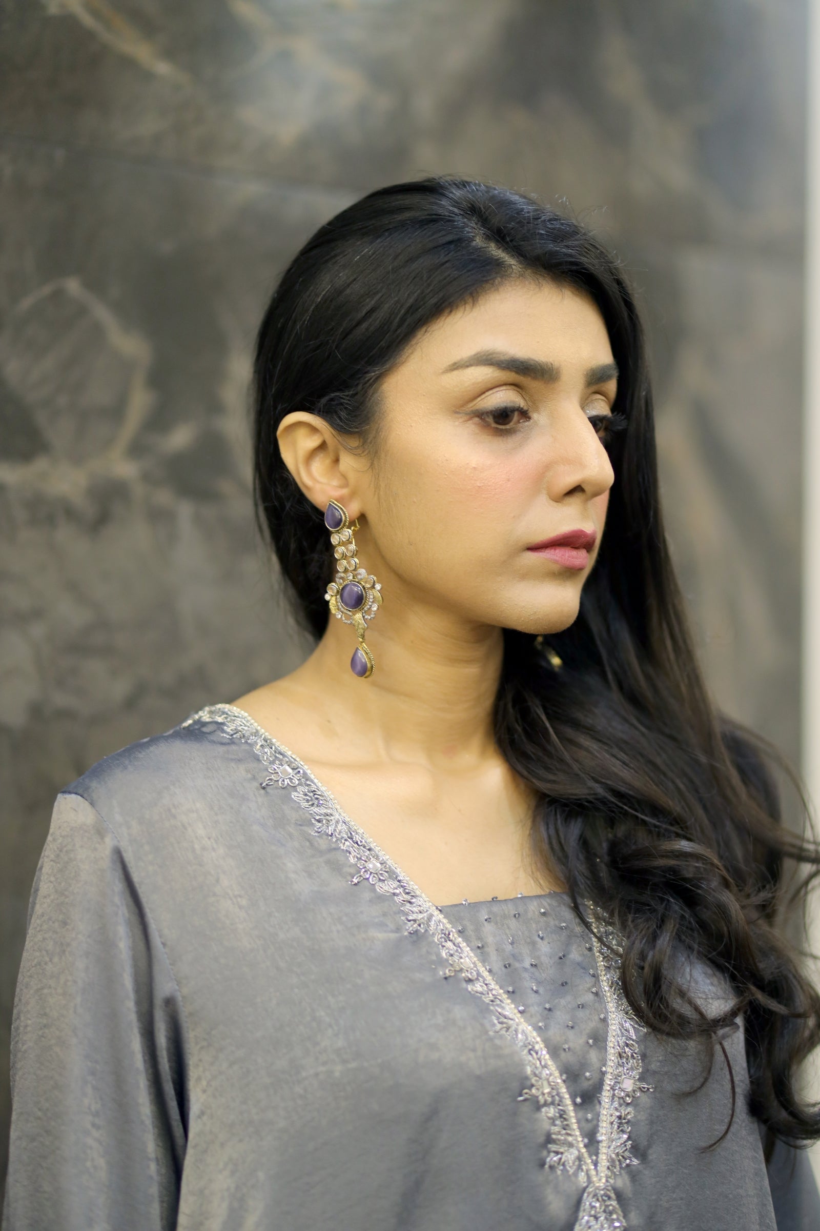 Grey Silk Kaftan with Silver Embellishment