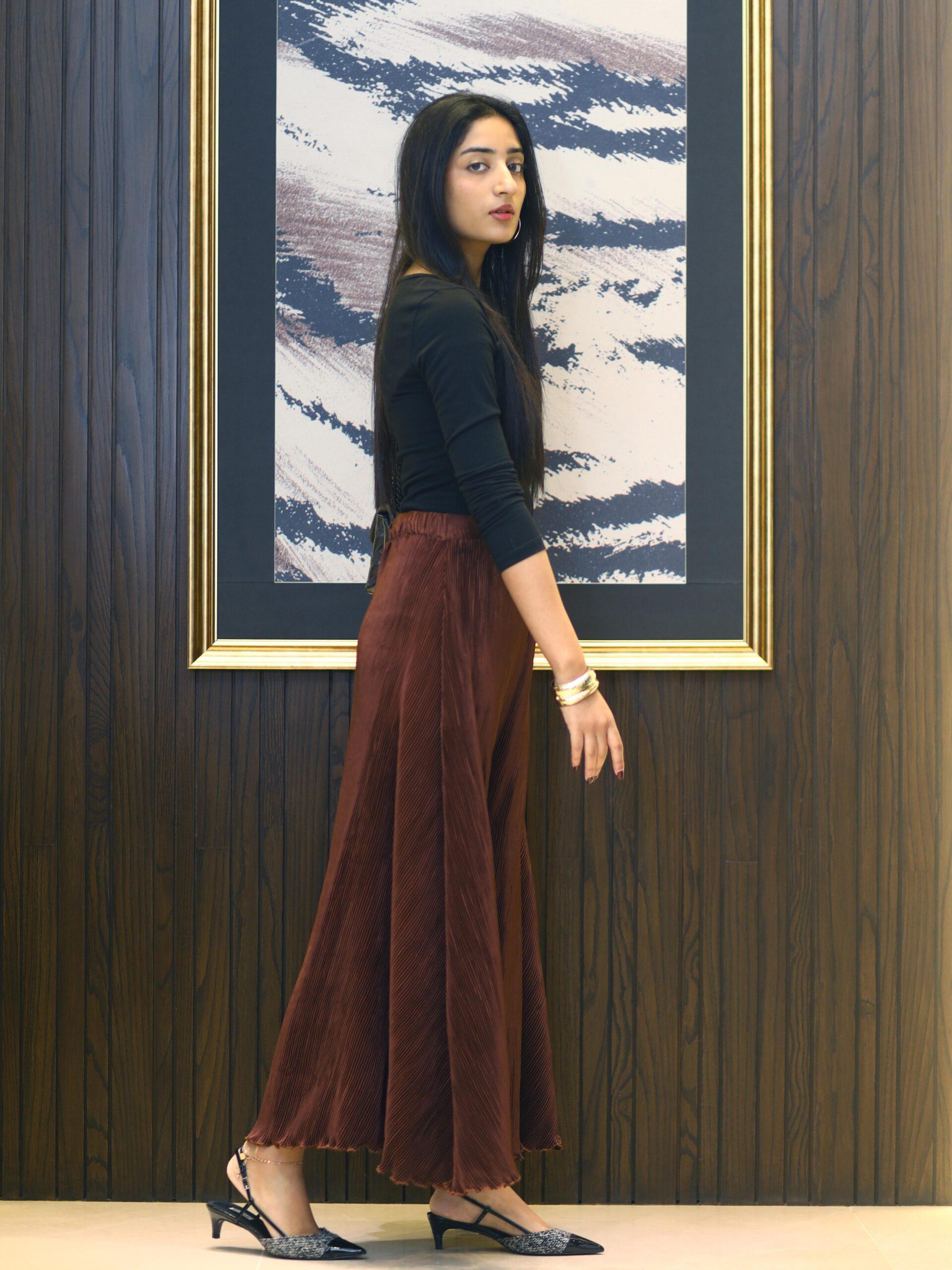 Cinnamon Brown Pleated Silk Skirt