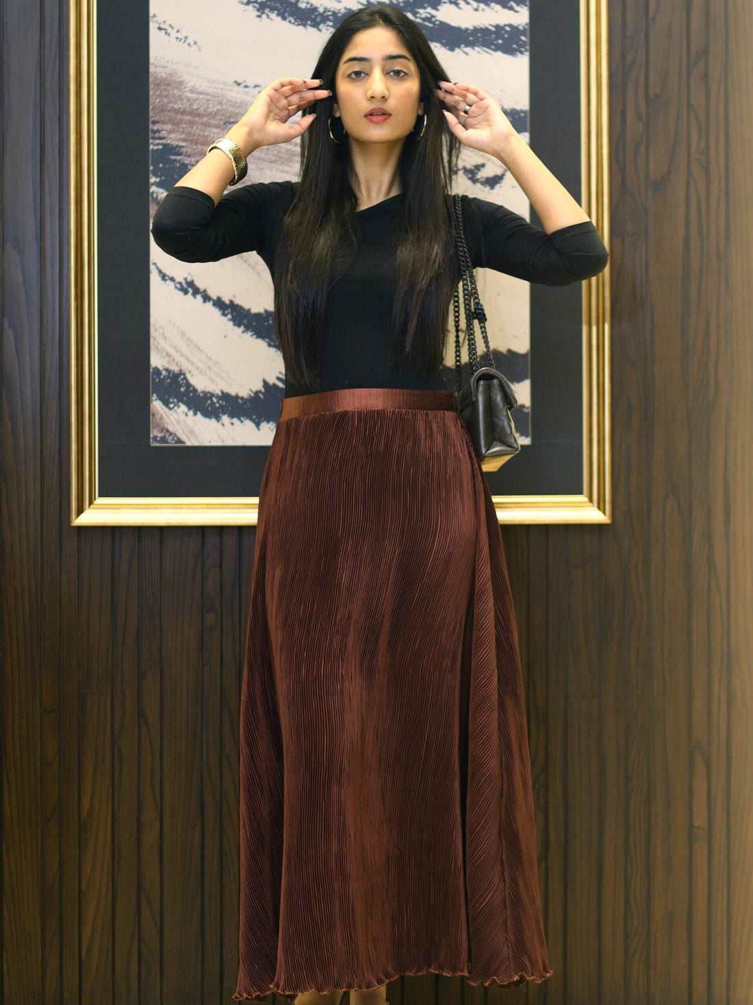 Cinnamon Brown Pleated Silk Skirt