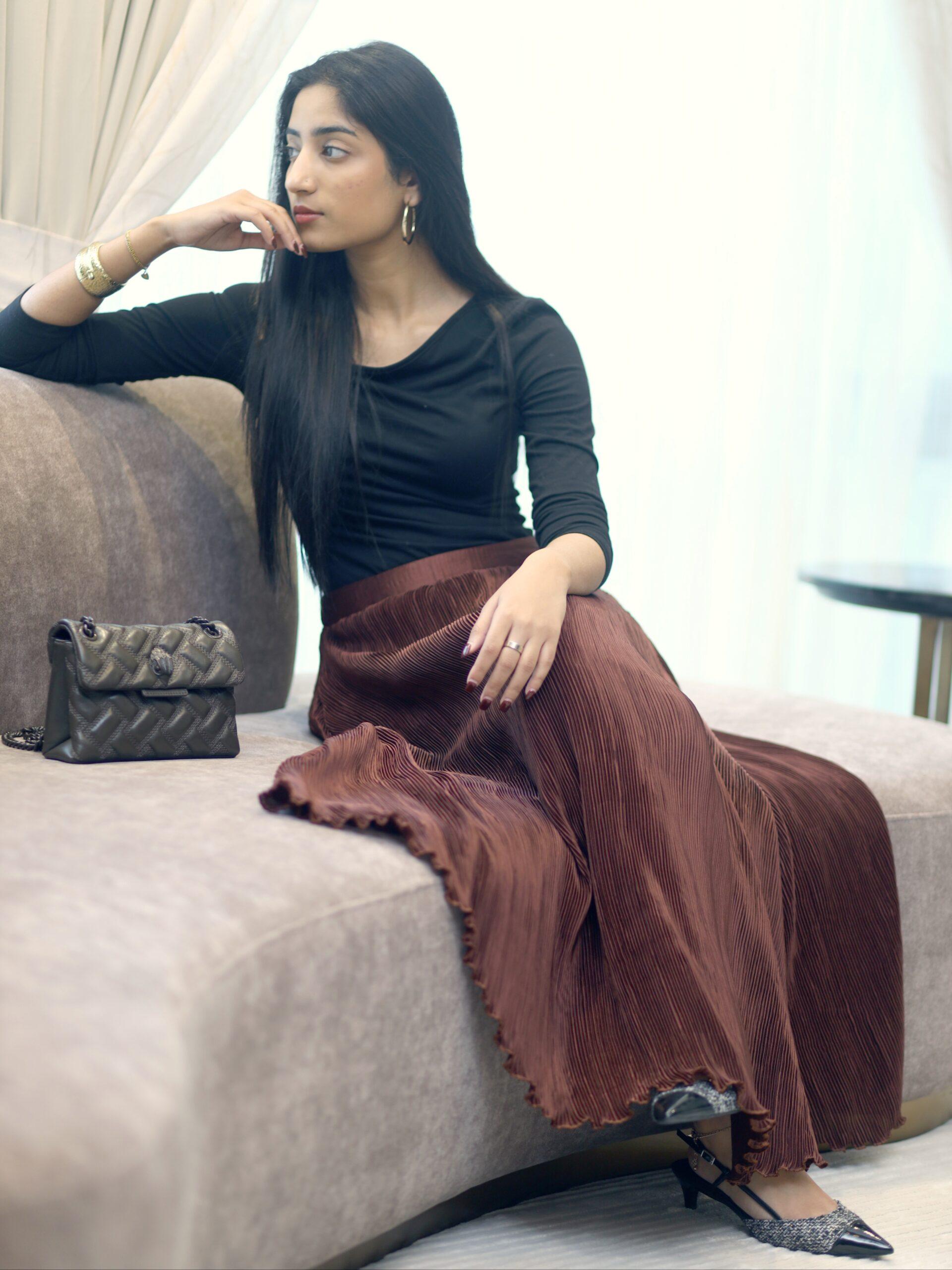 Cinnamon Brown Pleated Silk Skirt