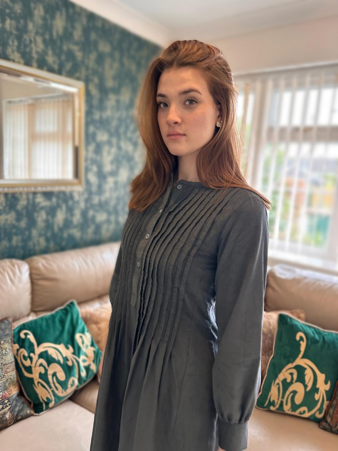 Grey Corduroy Full Sleeves Dress