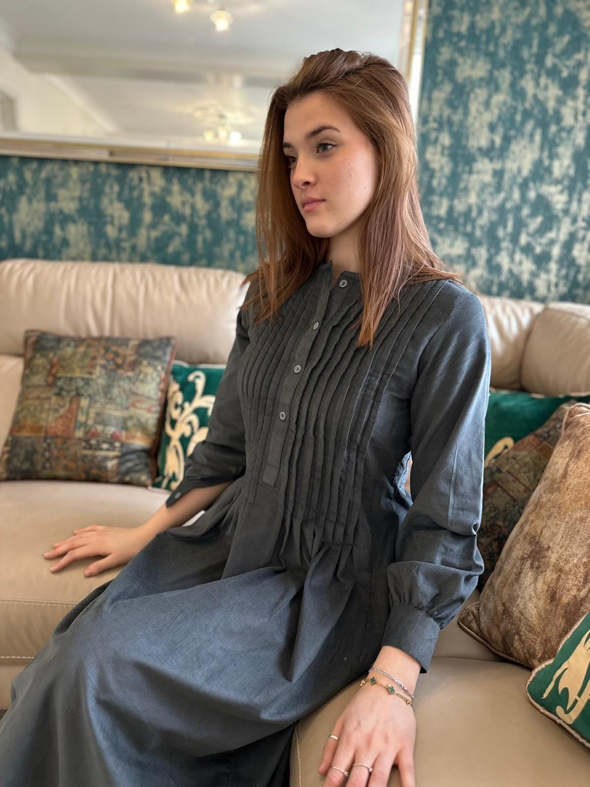 Grey Corduroy Full Sleeves Dress