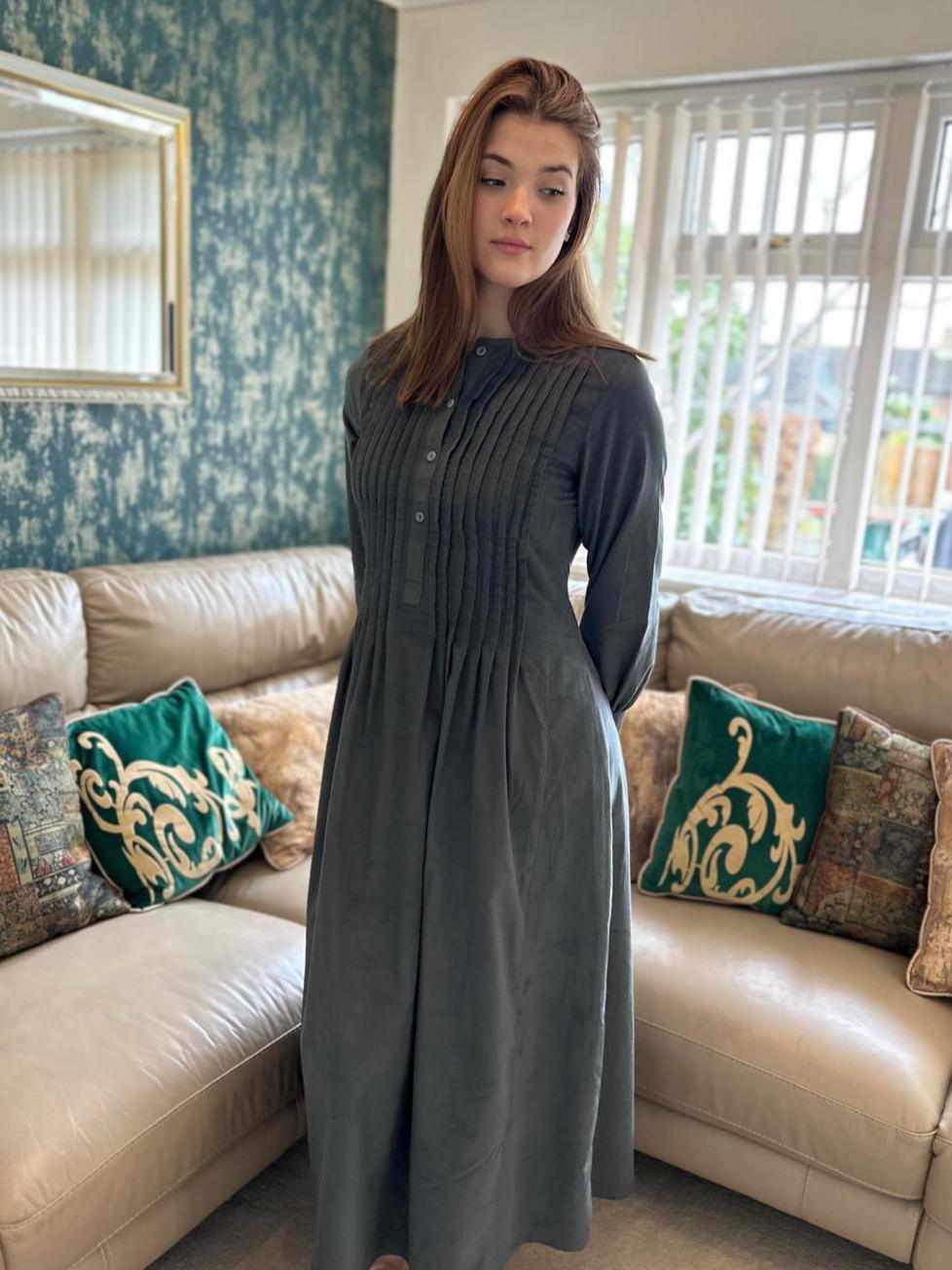 Grey Corduroy Full Sleeves Dress