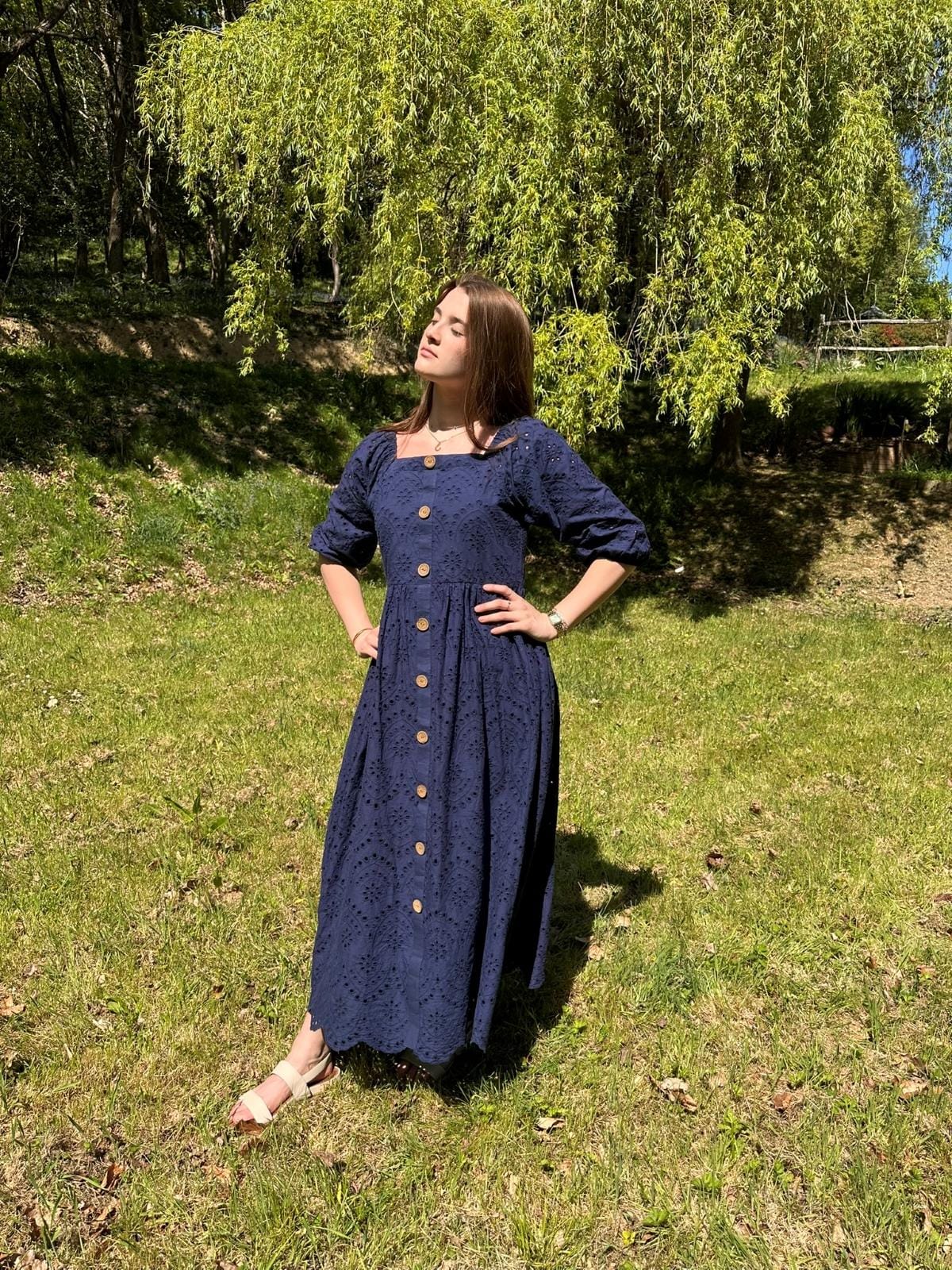 Navy Blue Broderie Maxi Dress