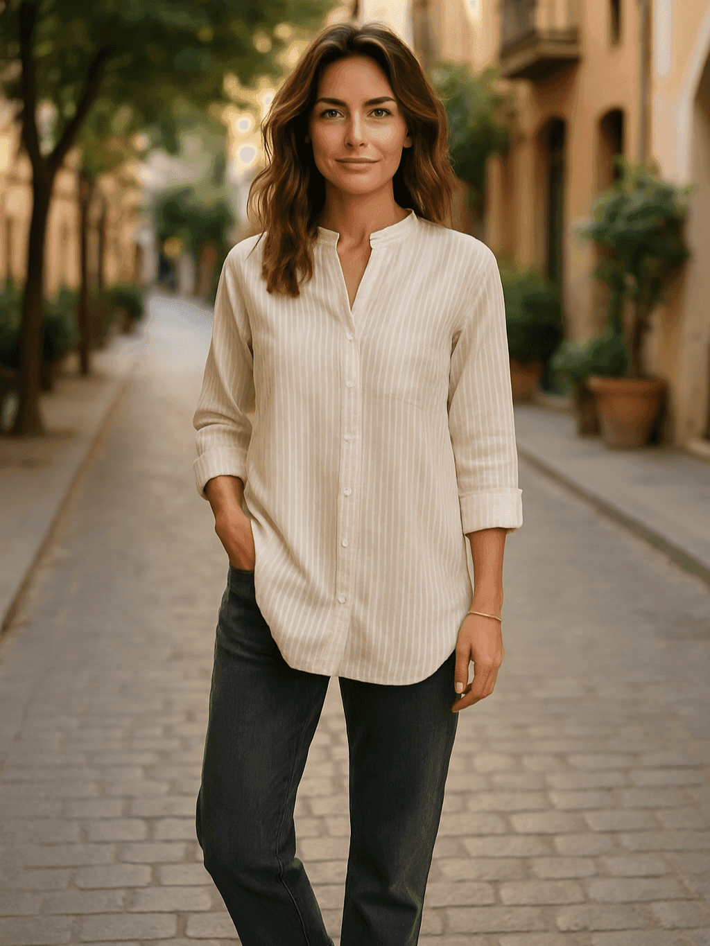 Beige and White Striped Linen Shirt