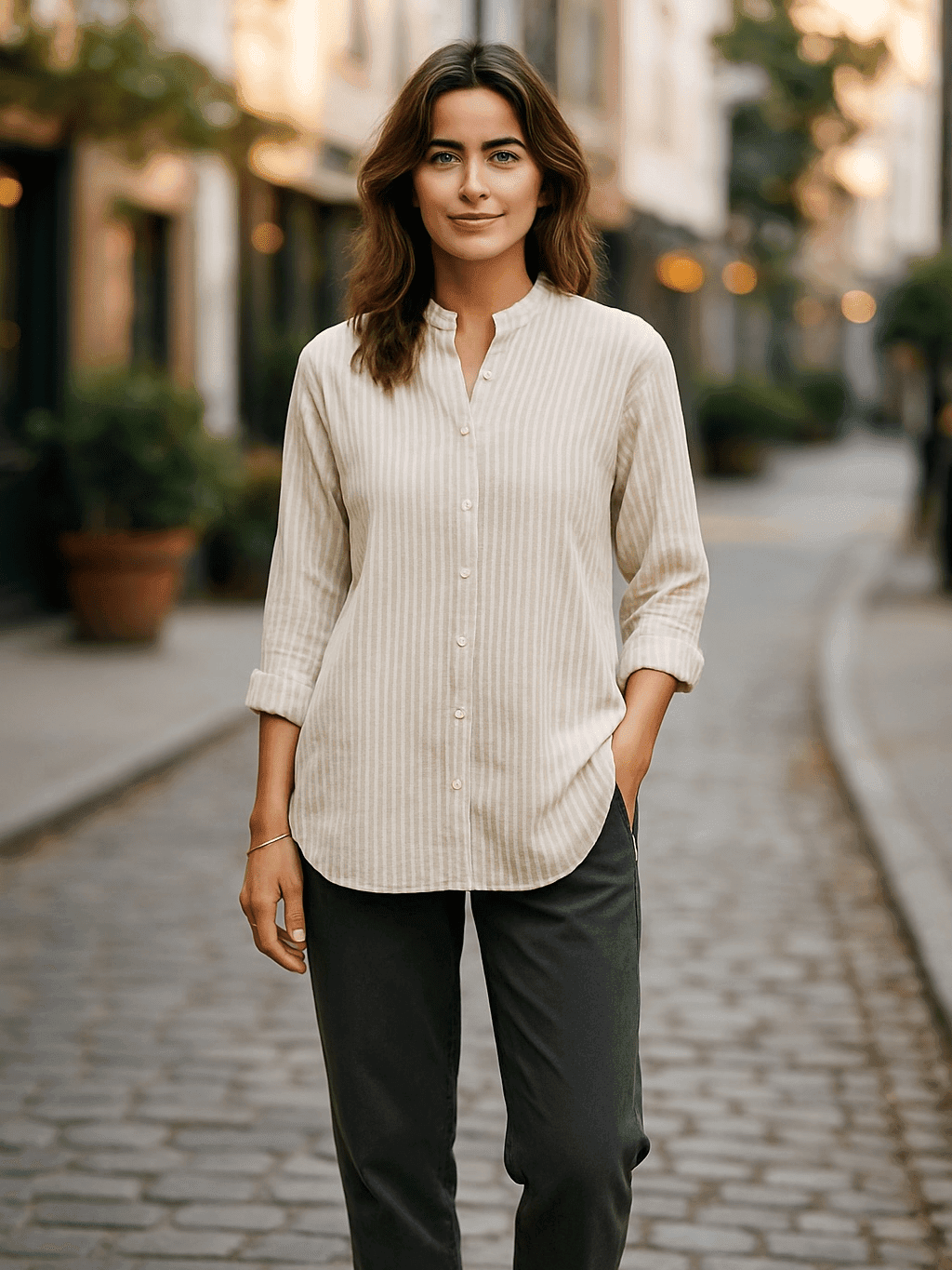 Beige and White Striped Linen Shirt