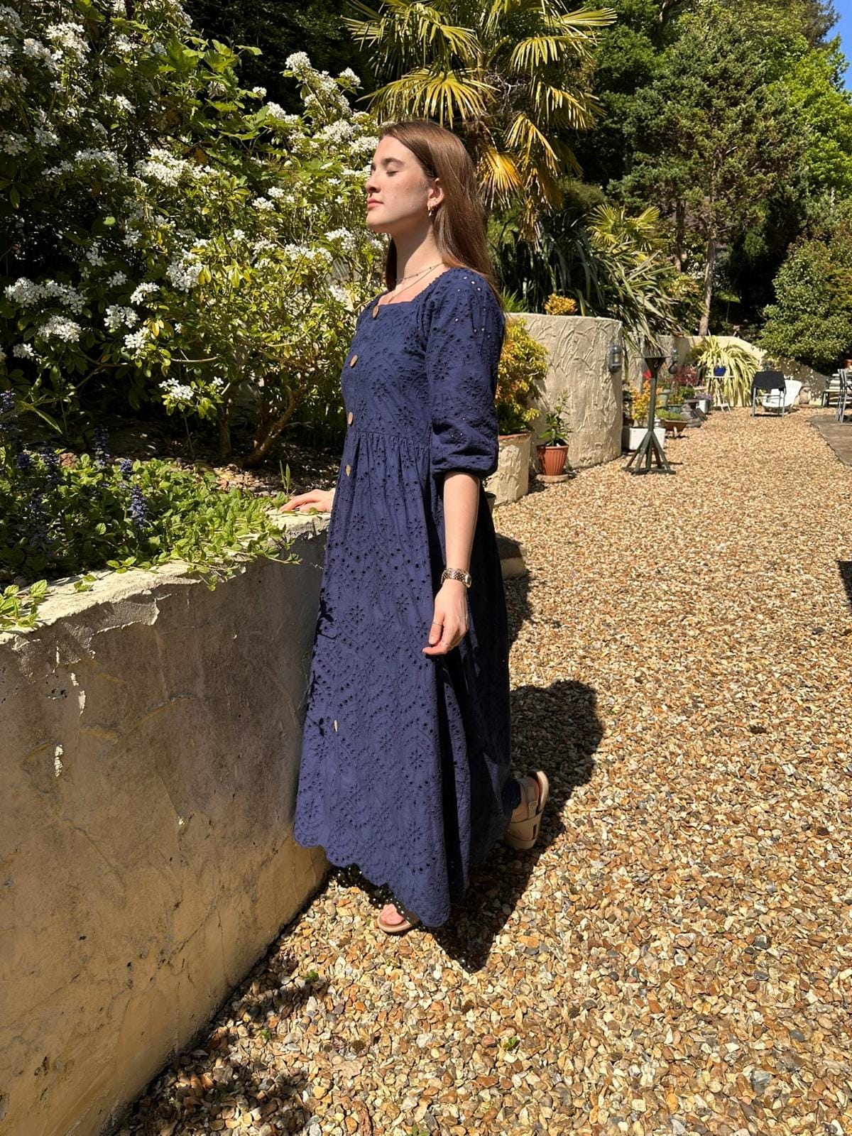 Navy Blue Broderie Maxi Dress