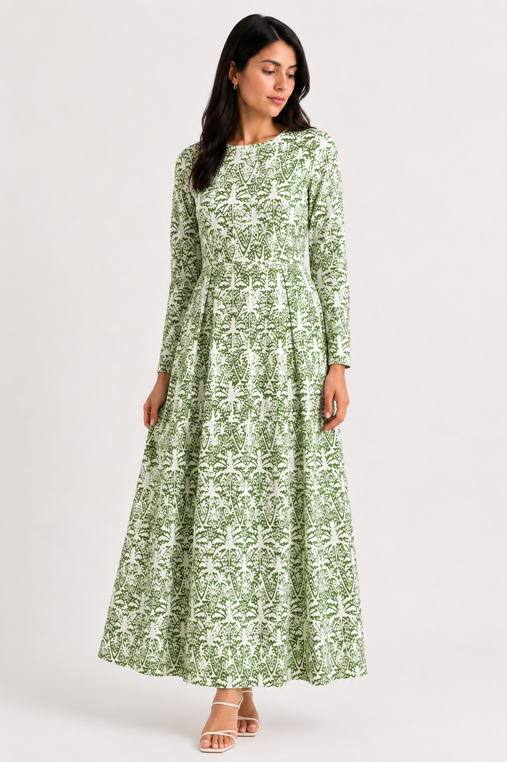 Sage Botanical Linen Maxi Dress