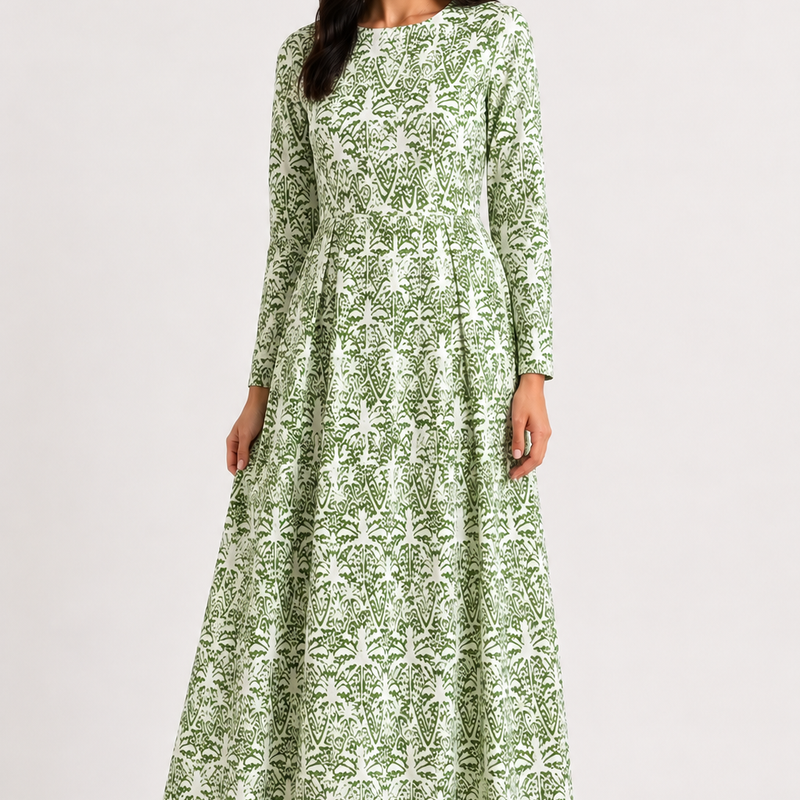 Sage Botanical Linen Maxi Dress