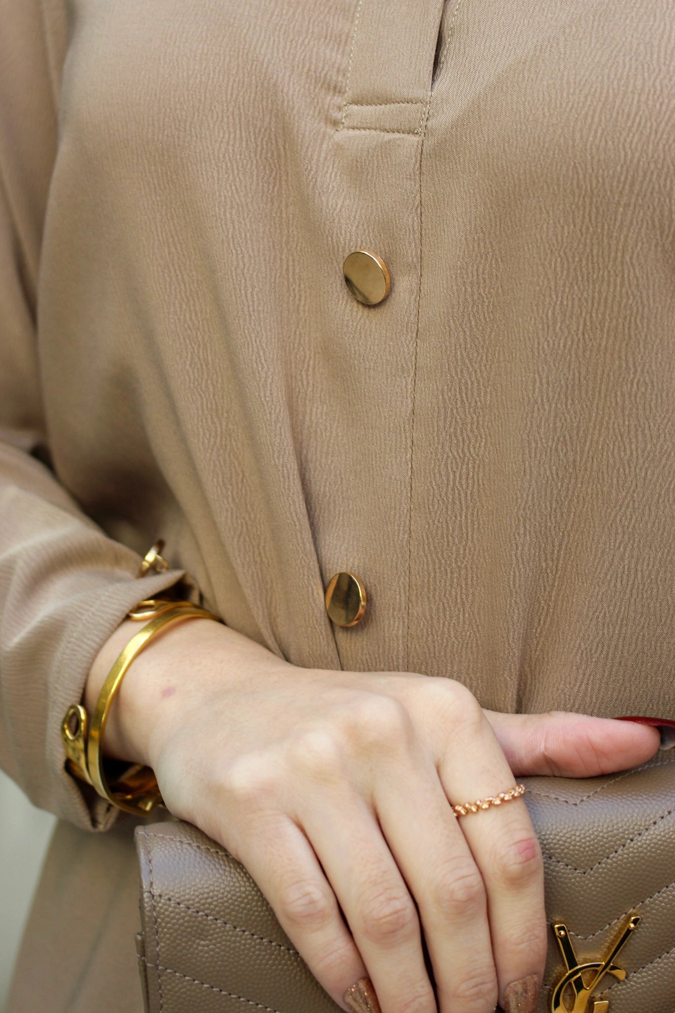 Light Crepe Beige Coord Set With Gold Buttons