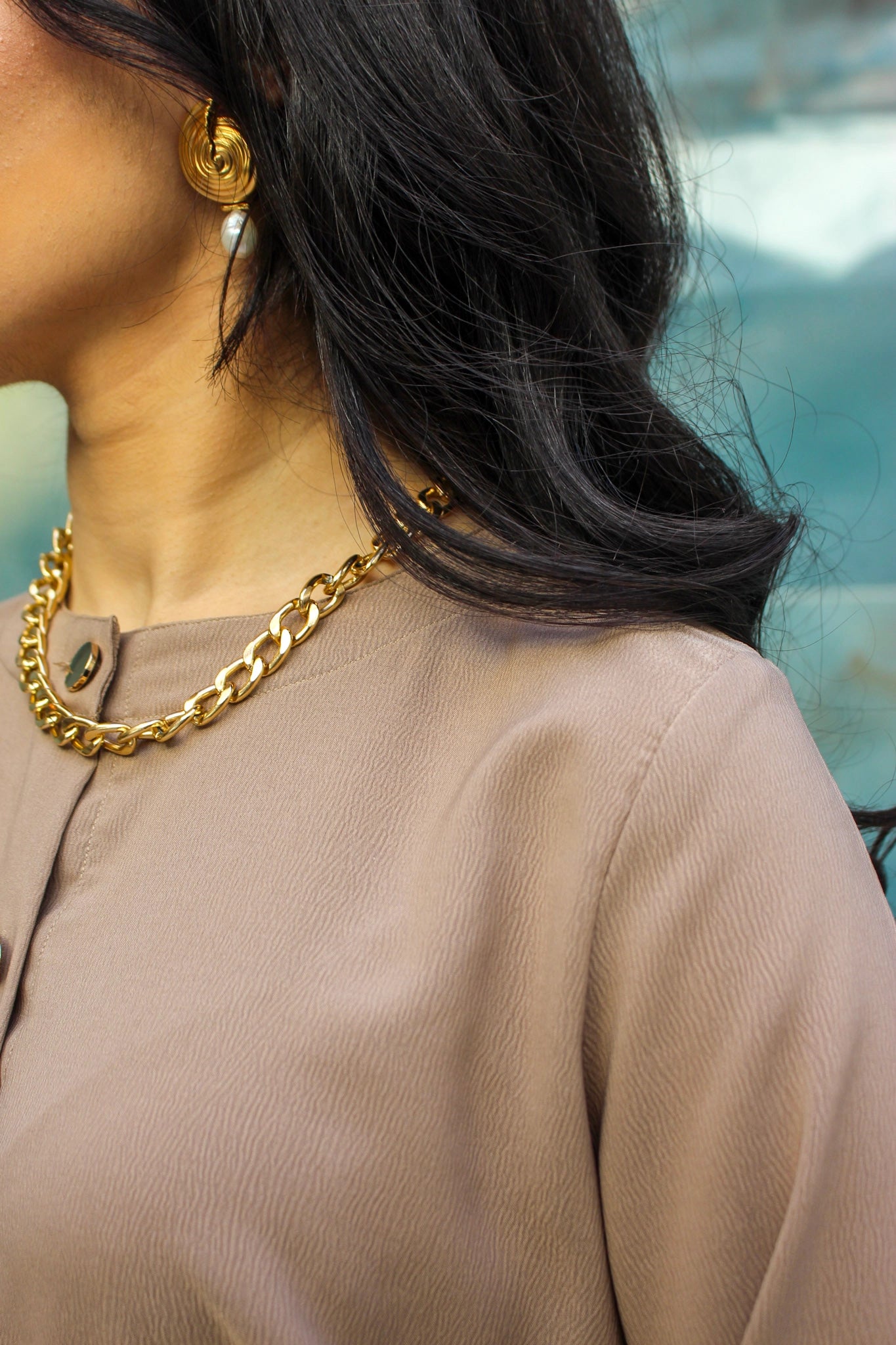 Light Crepe Beige Coord Set With Gold Buttons